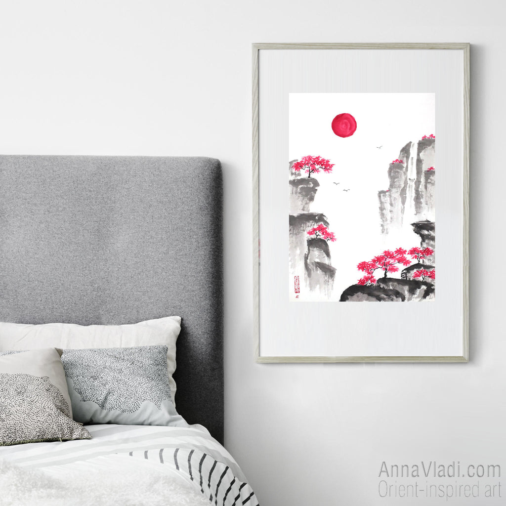 Oriental Mountain Landscape - Original sumi-e painting on rice paper