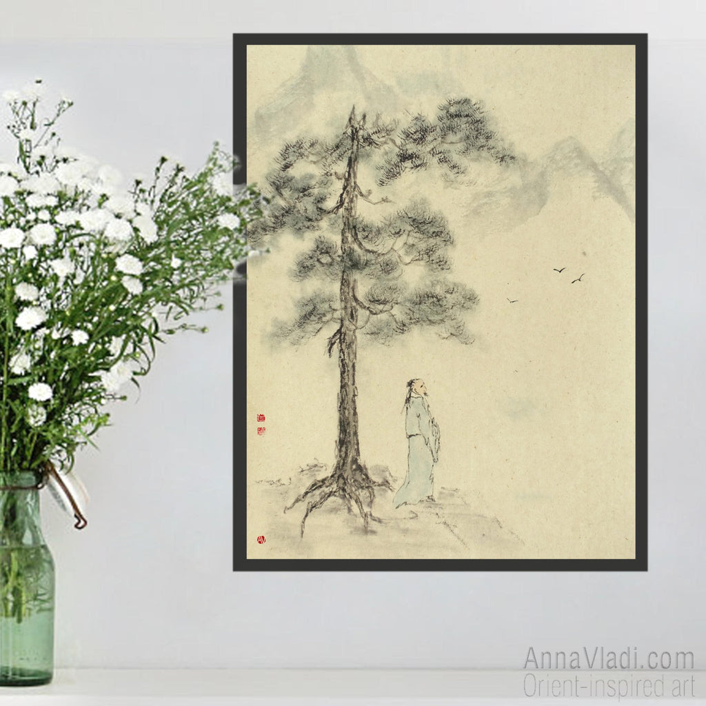 Monk Meditating in Mountains: Japanese Ink Landscape on Vintage Rice Paper