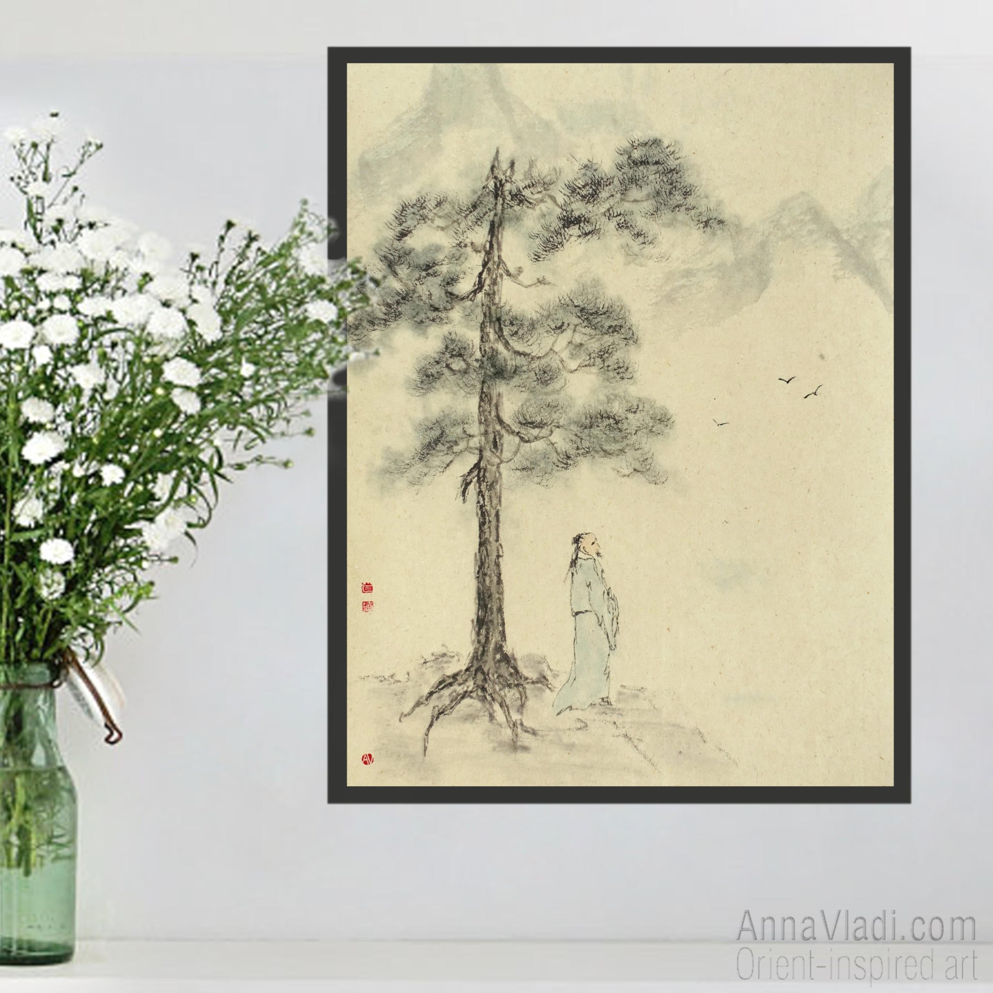 Monk Meditating in Mountains: Japanese Ink Landscape on Vintage Rice Paper