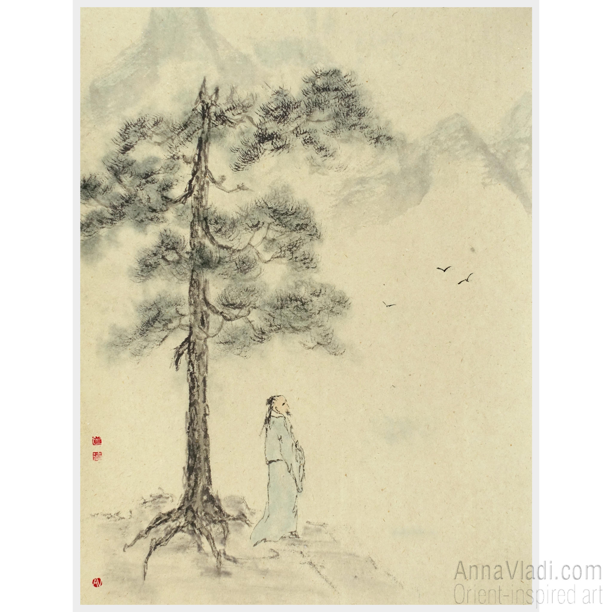 Monk Meditating in Mountains: Japanese Ink Landscape on Vintage Rice Paper