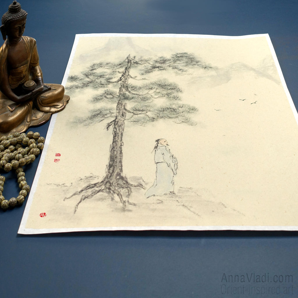 Monk Meditating in Mountains: Japanese Ink Landscape on Vintage Rice Paper