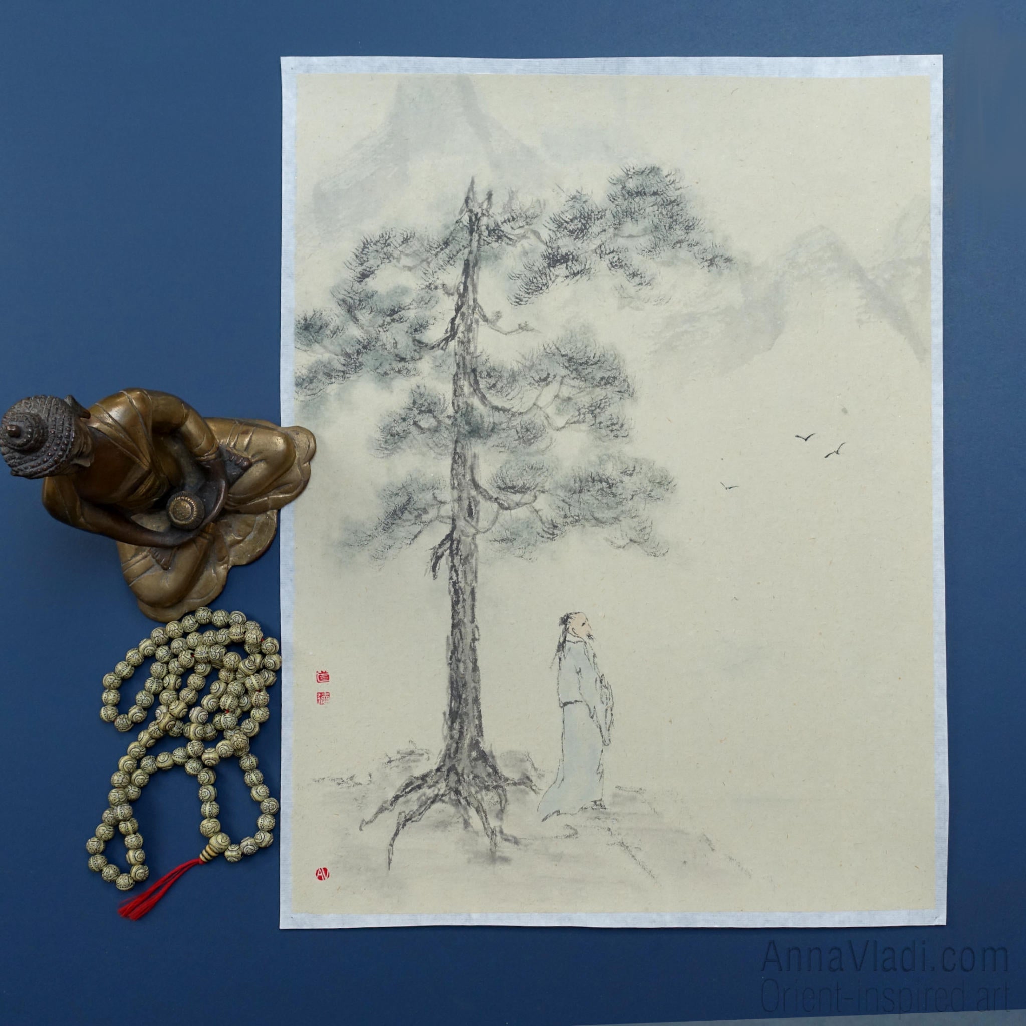 Monk Meditating in Mountains: Japanese Ink Landscape on Vintage Rice Paper