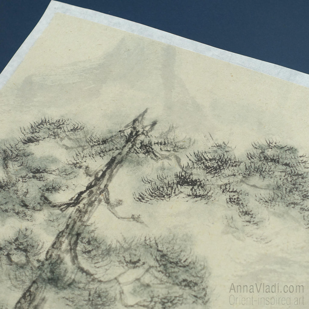 Monk Meditating in Mountains: Japanese Ink Landscape on Vintage Rice Paper