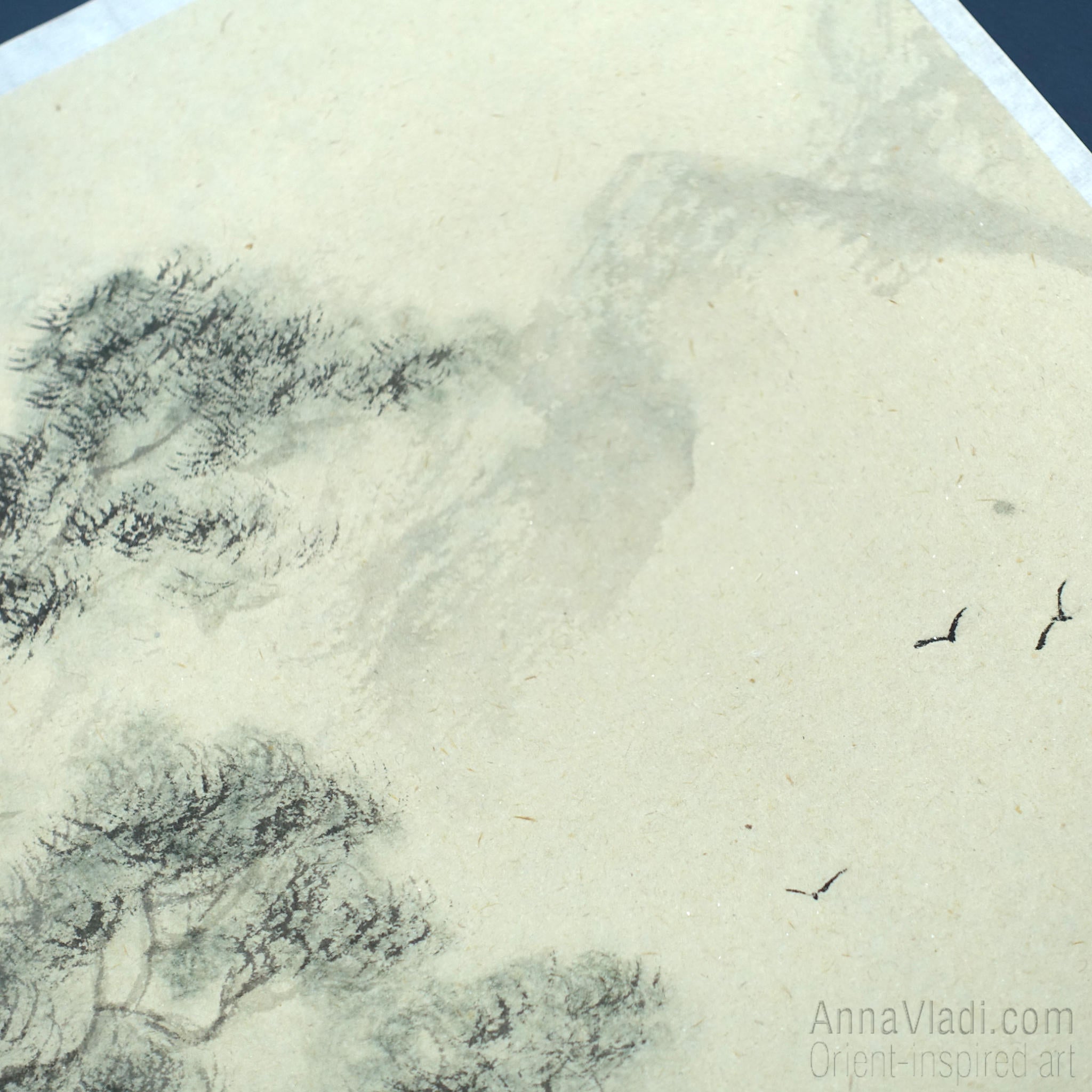 Monk Meditating in Mountains: Japanese Ink Landscape on Vintage Rice Paper