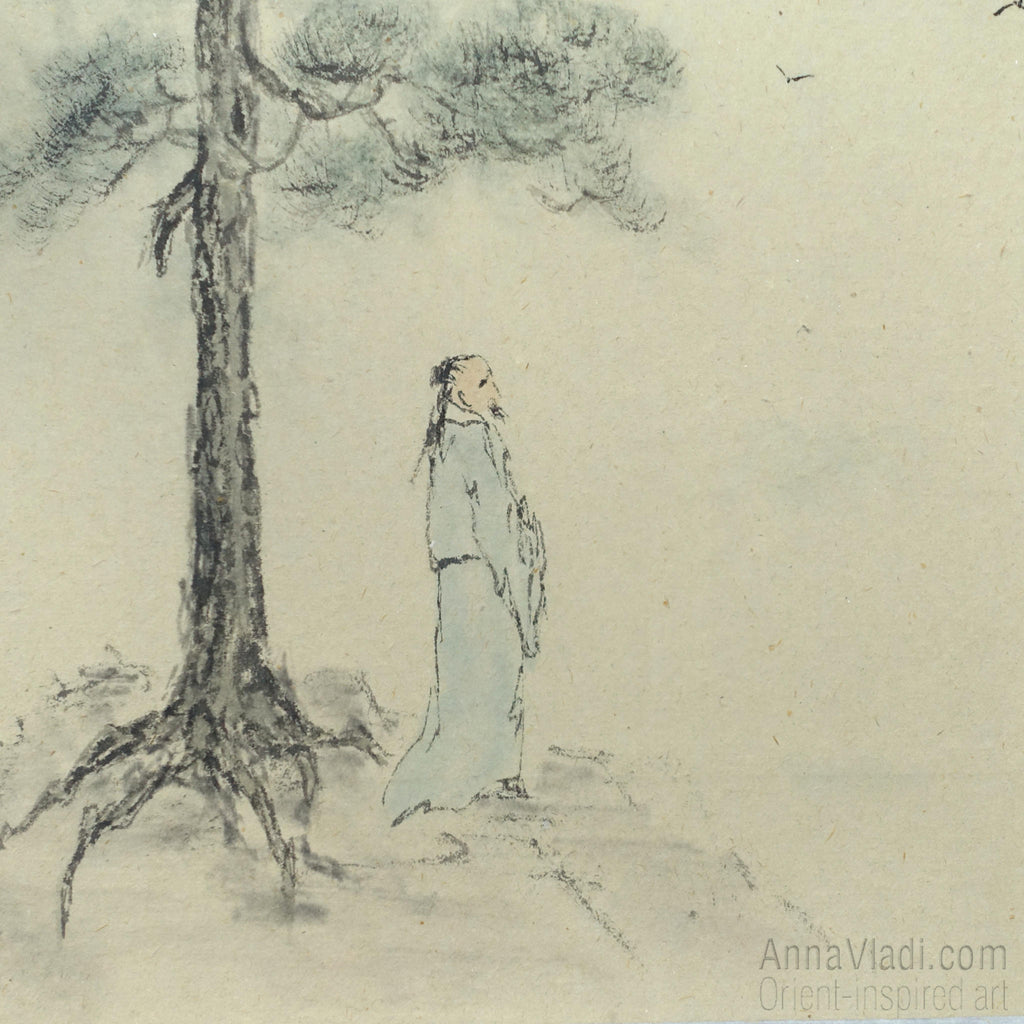 Monk Meditating in Mountains: Japanese Ink Landscape on Vintage Rice Paper