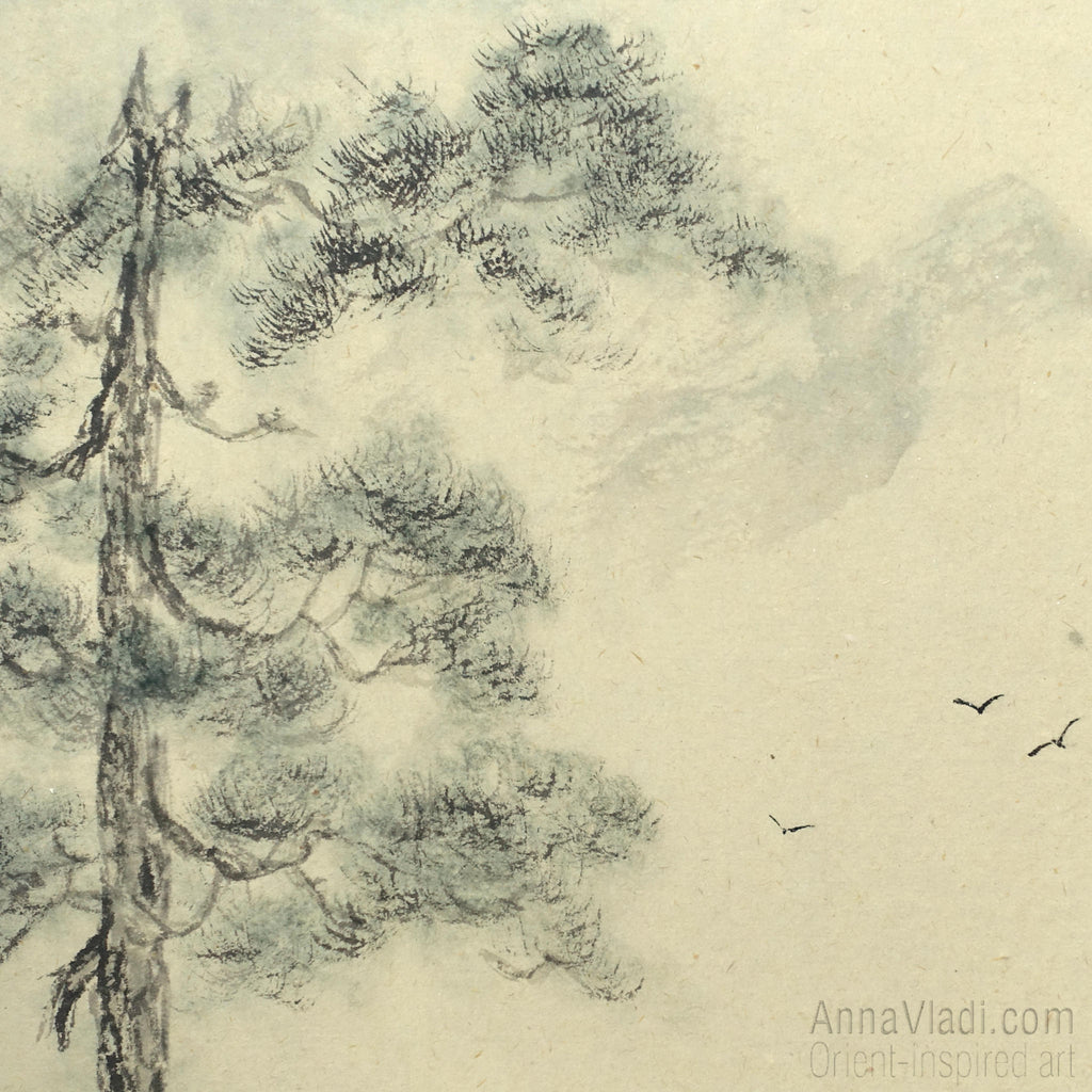 Monk Meditating in Mountains: Japanese Ink Landscape on Vintage Rice Paper
