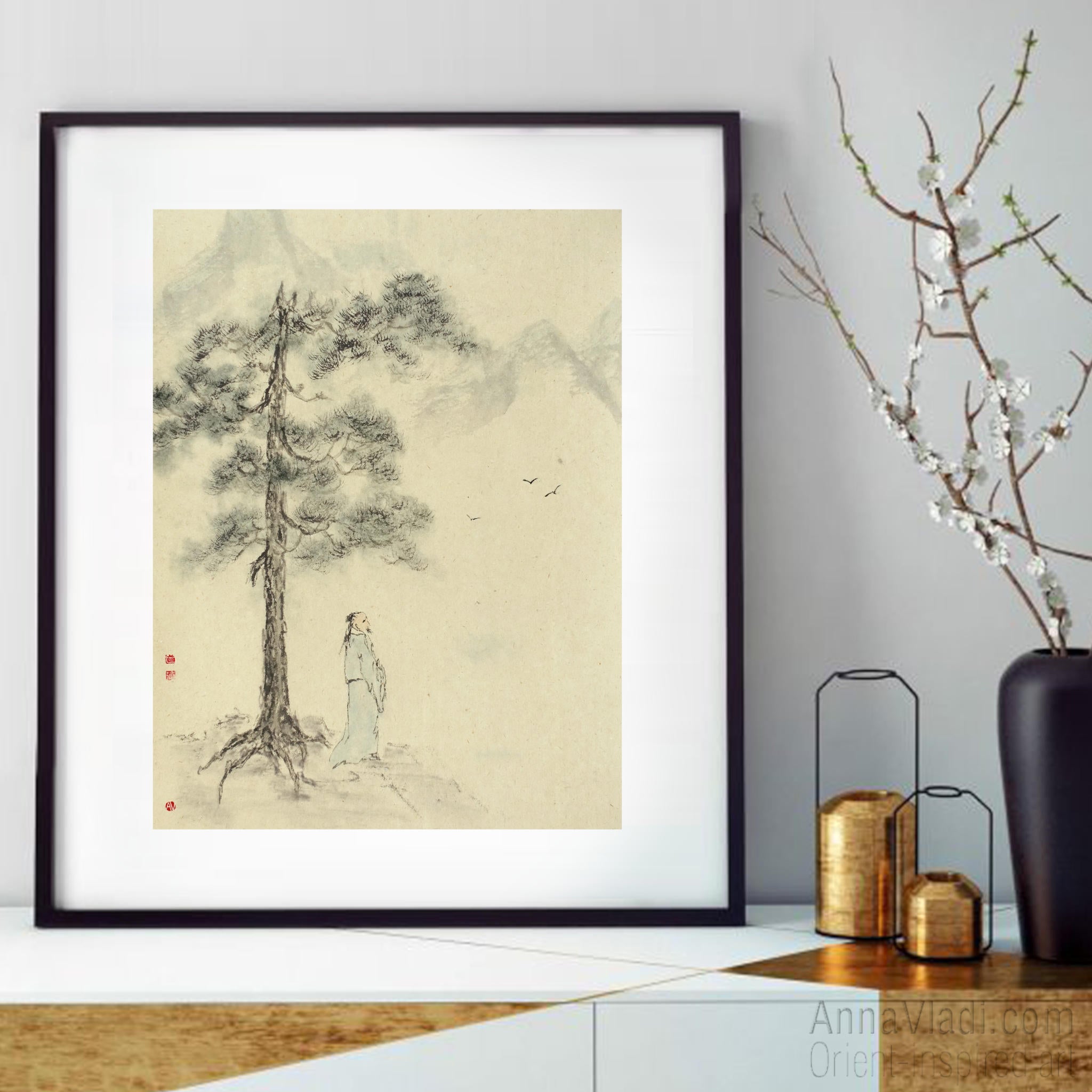 Monk Meditating in Mountains: Japanese Ink Landscape on Vintage Rice Paper