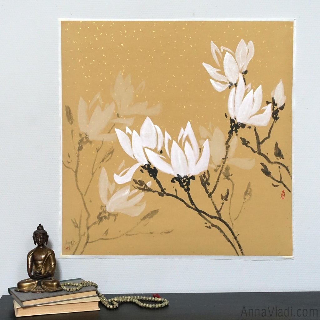 White Magnolia Flowers — Original Sumi-e Painting On Rice Paper