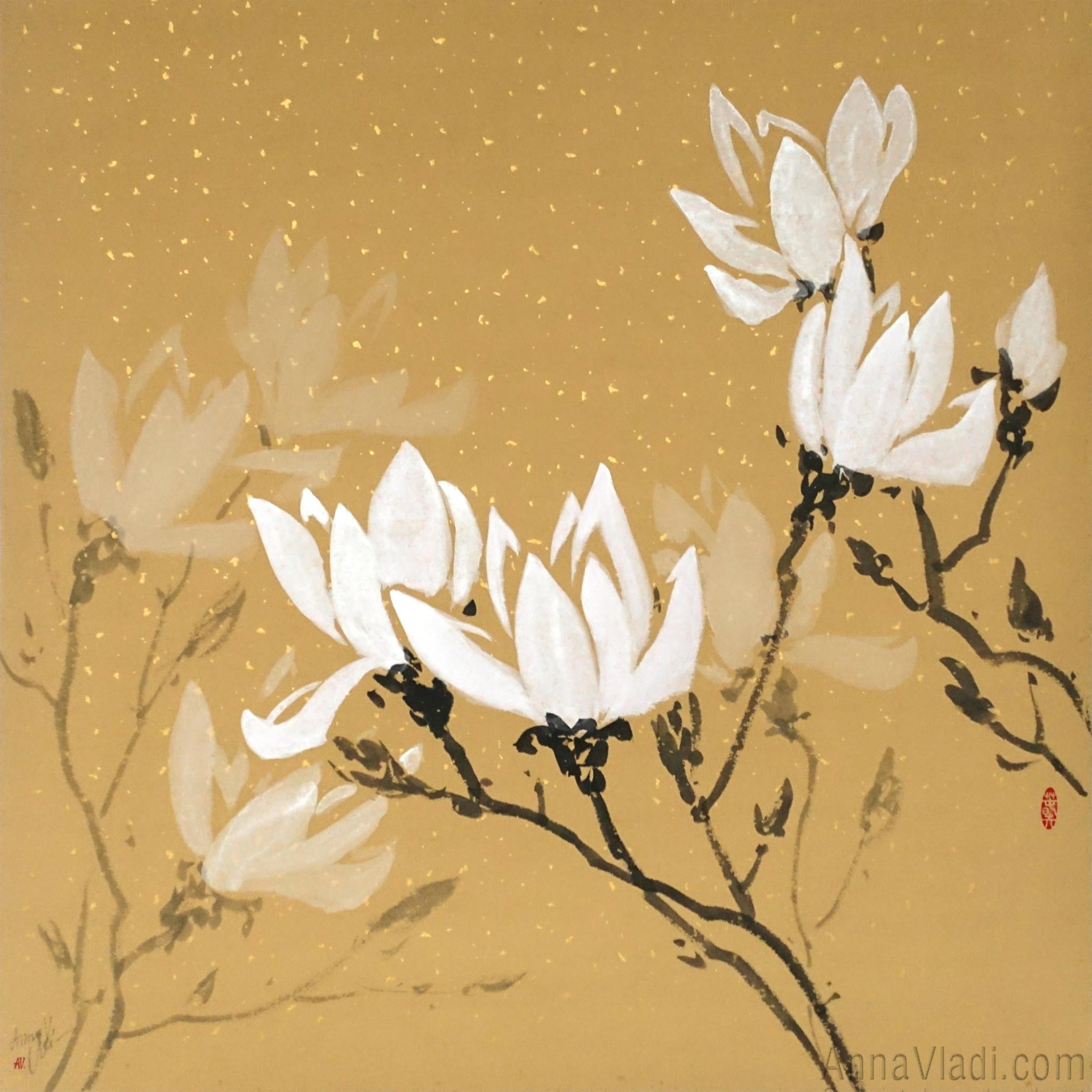 White Magnolia Flowers — Original Sumi-e Painting On Rice Paper
