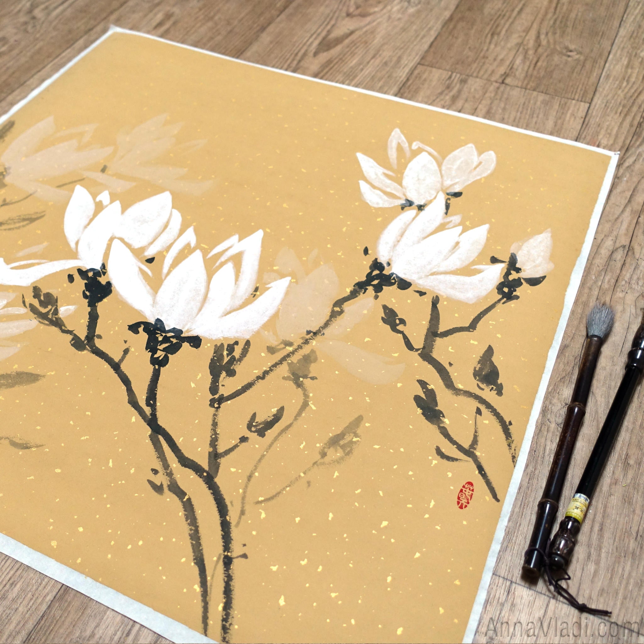 White Magnolia Flowers — Original Sumi-e Painting On Rice Paper