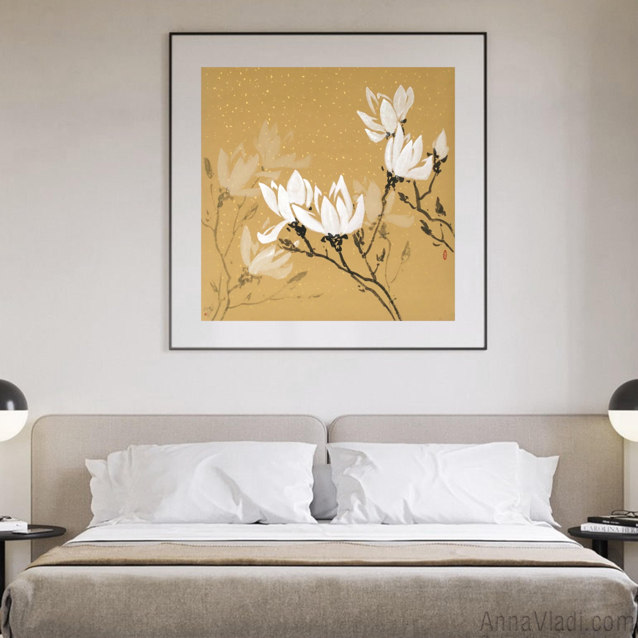 White Magnolia Flowers — Original Sumi-e Painting On Rice Paper