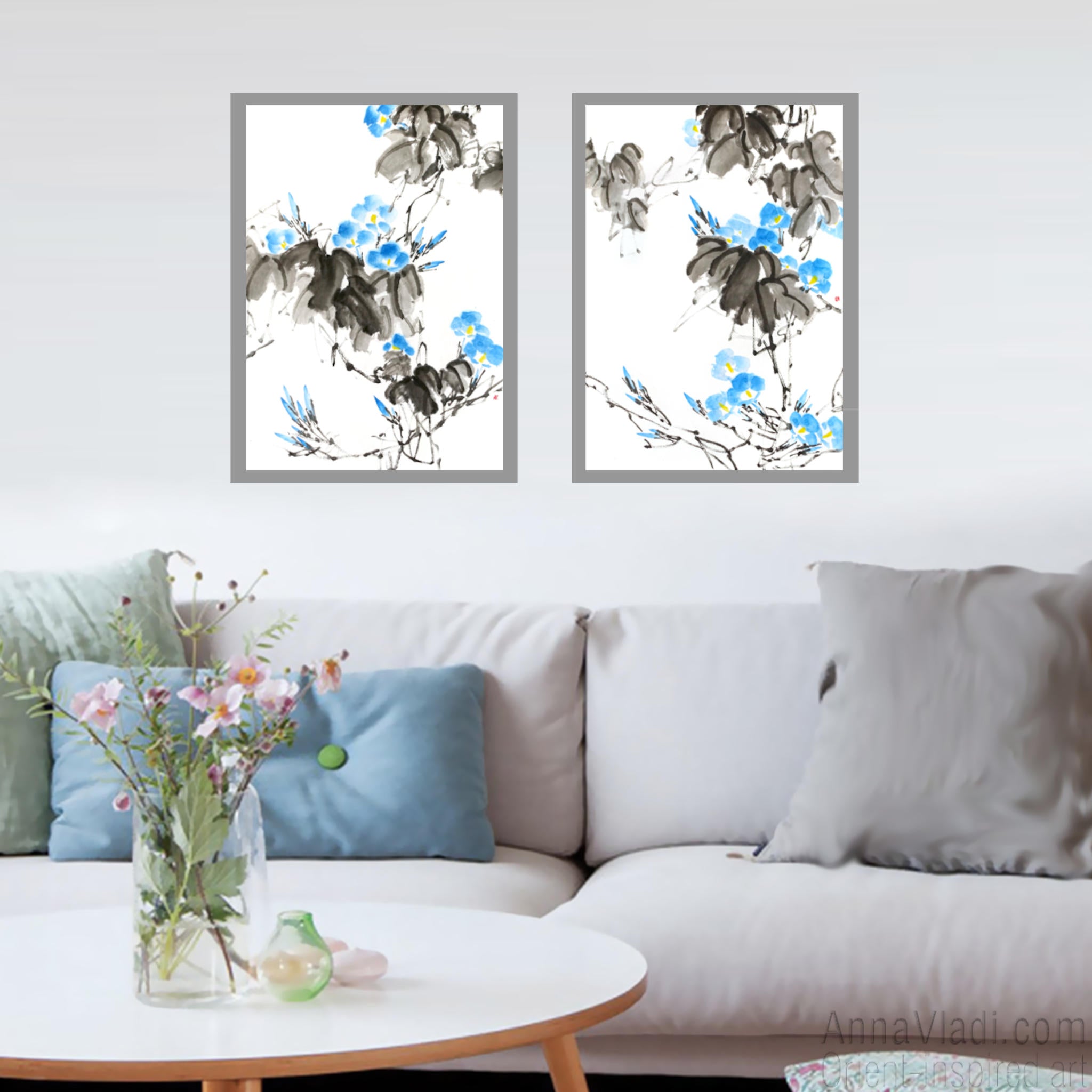 Blue Morning Glory Vine (Asagao) — set of 2 original sumi-e paintings