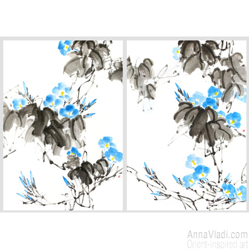 Blue Morning Glory Vine (Asagao) — set of 2 original sumi-e paintings
