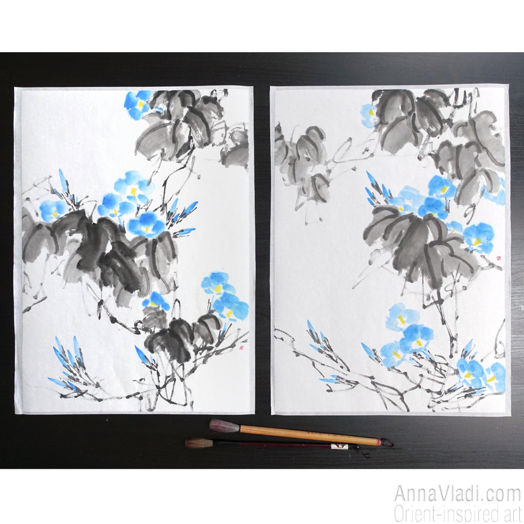 Blue Morning Glory Vine (Asagao) — set of 2 original sumi-e paintings