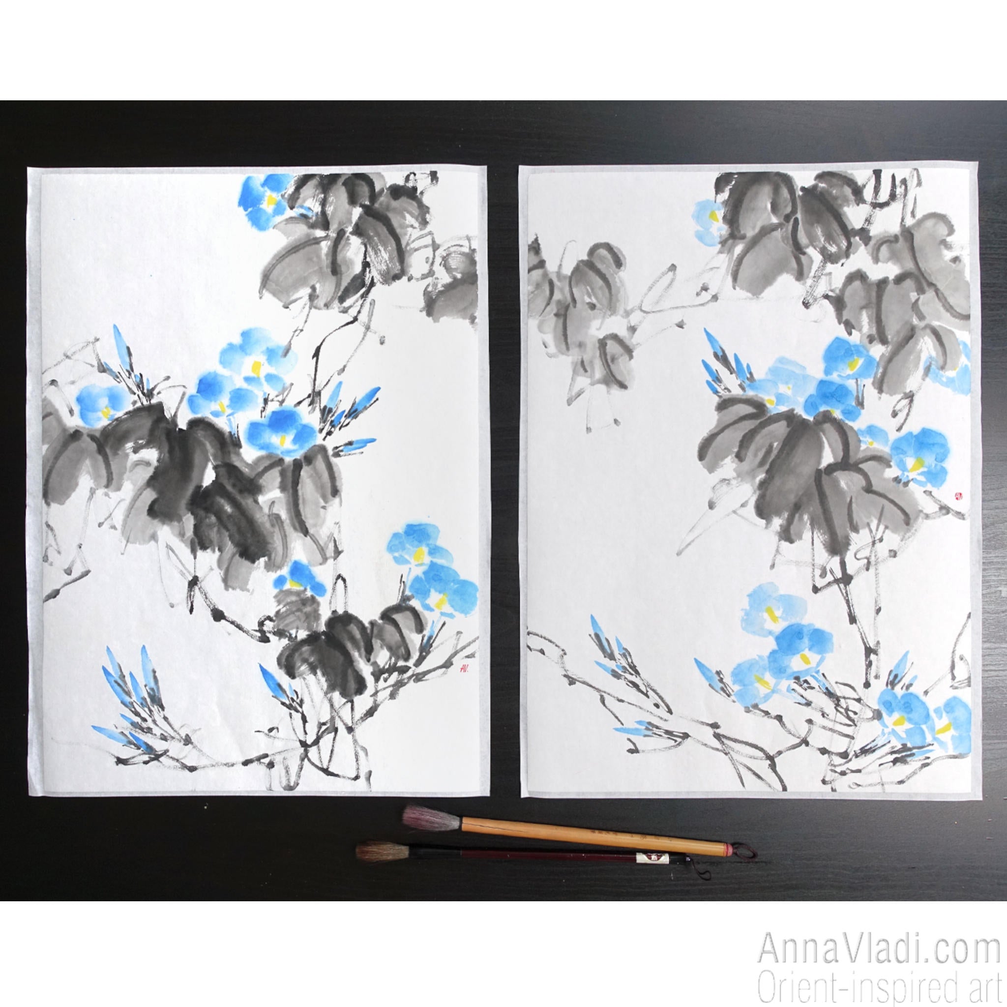 Blue Morning Glory Vine (Asagao) — set of 2 original sumi-e paintings