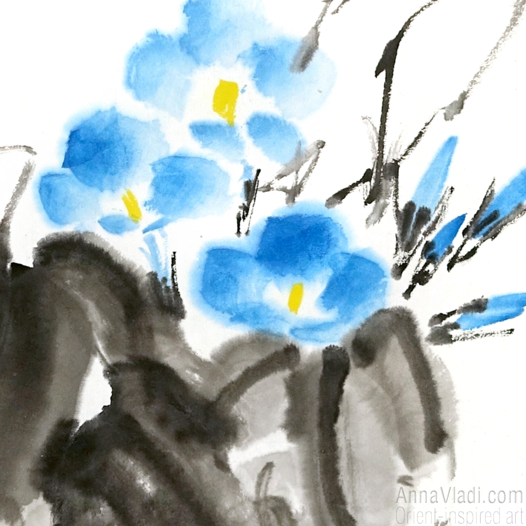 Blue Morning Glory Vine (Asagao) — set of 2 original sumi-e paintings