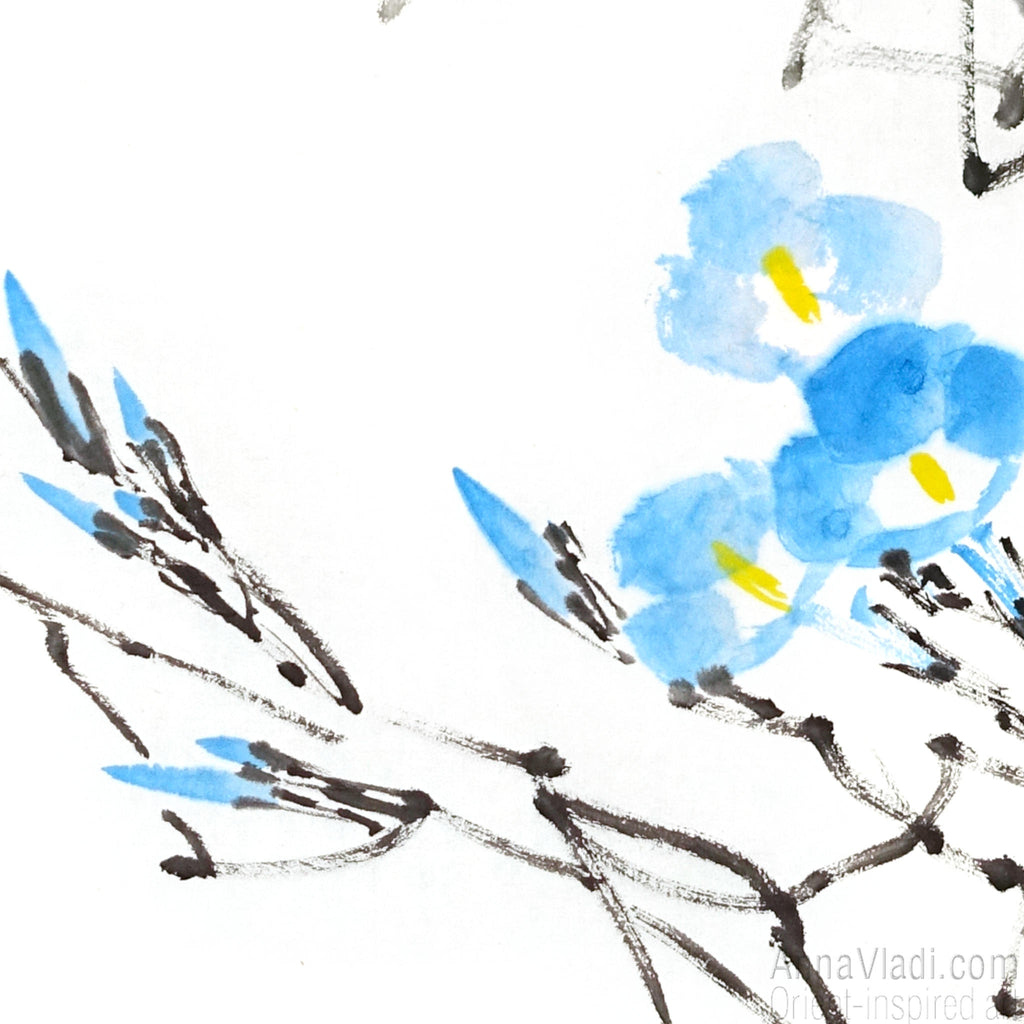 Blue Morning Glory Vine (Asagao) — set of 2 original sumi-e paintings