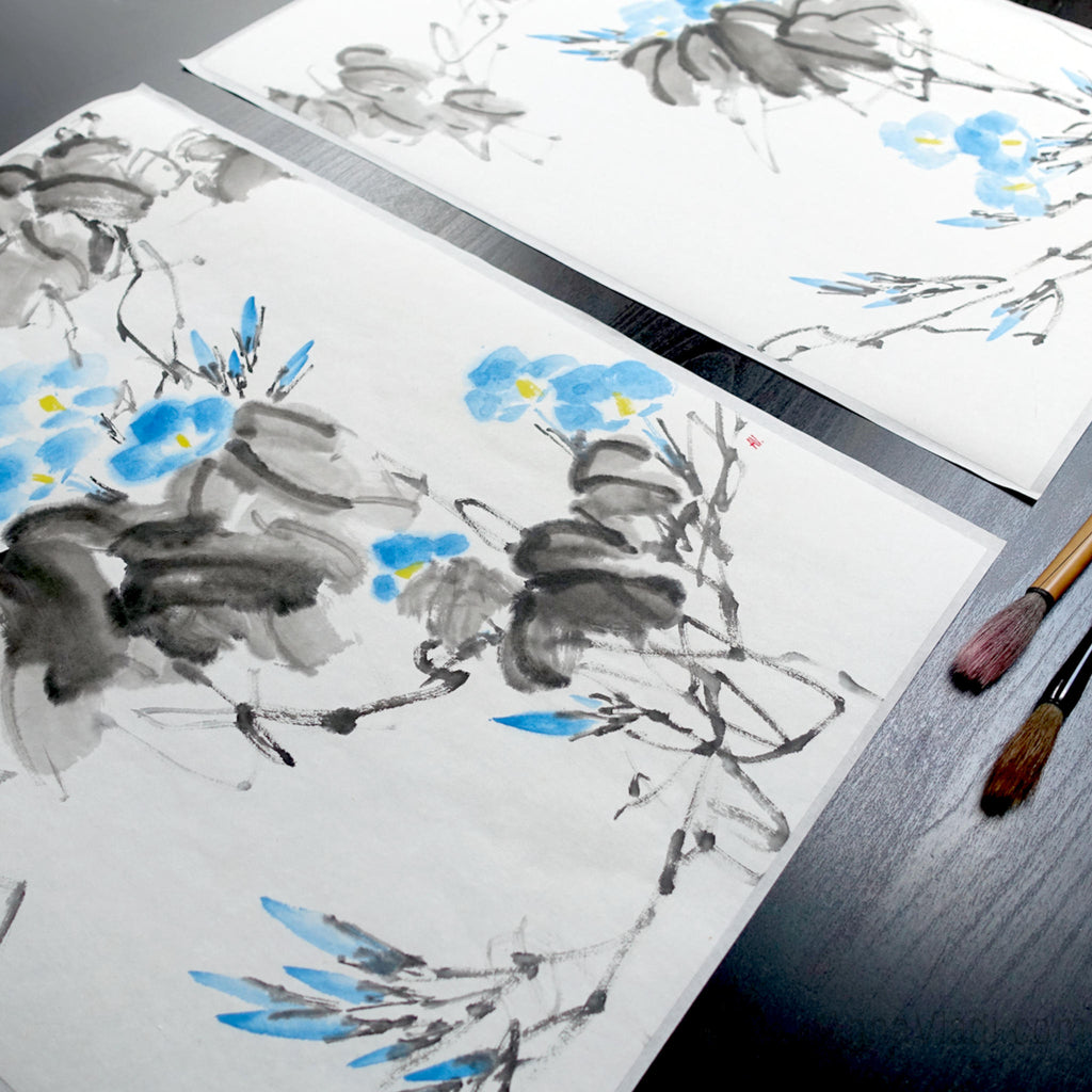 Blue Morning Glory Vine (Asagao) — set of 2 original sumi-e paintings