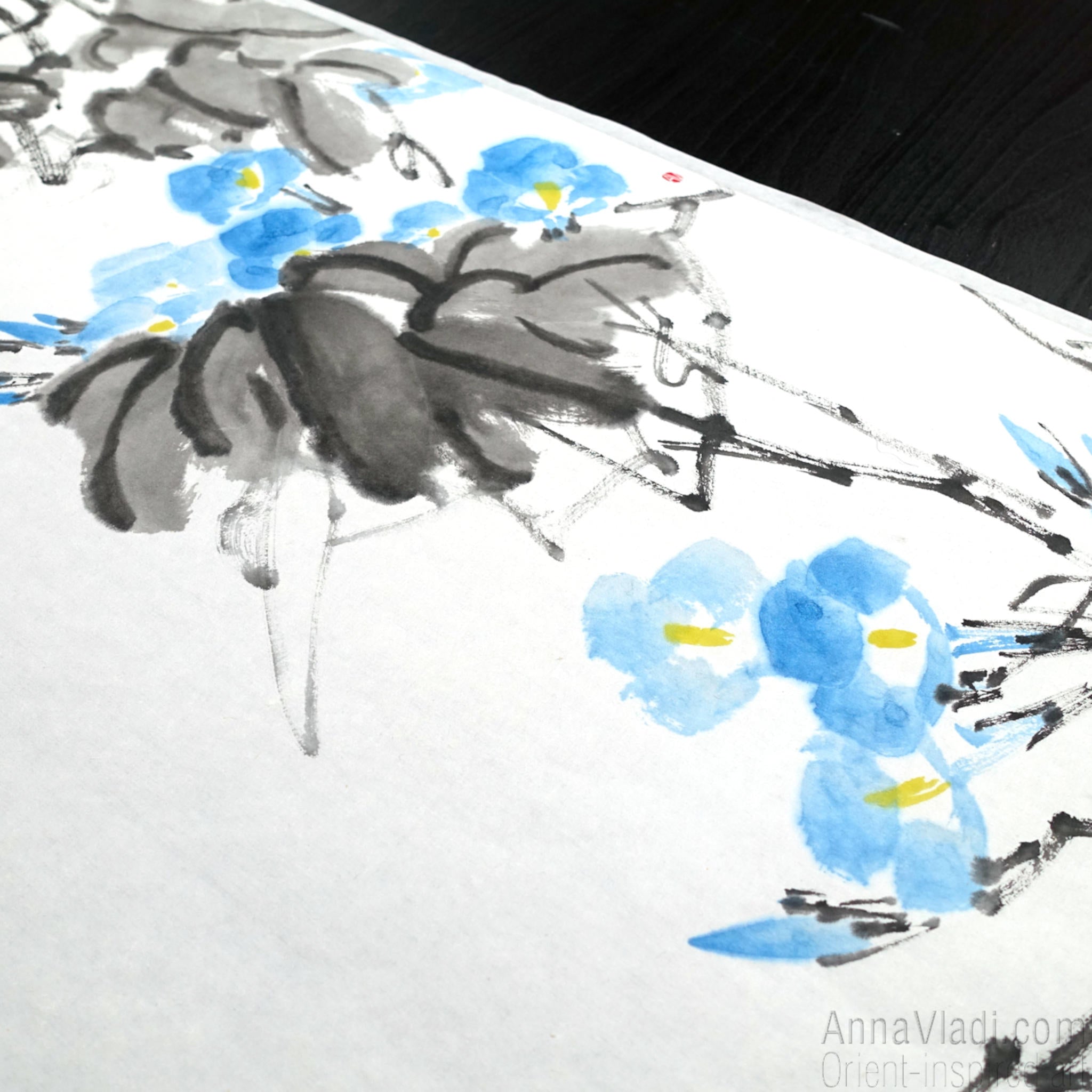 Blue Morning Glory Vine (Asagao) — set of 2 original sumi-e paintings