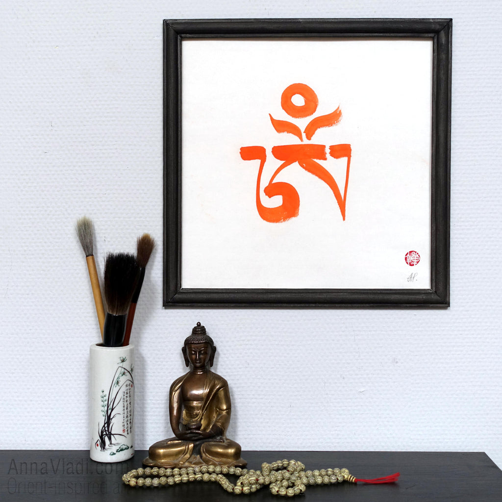 Tibetan Om Calligraphy Art: Vermilion Ink Feng Shui Painting