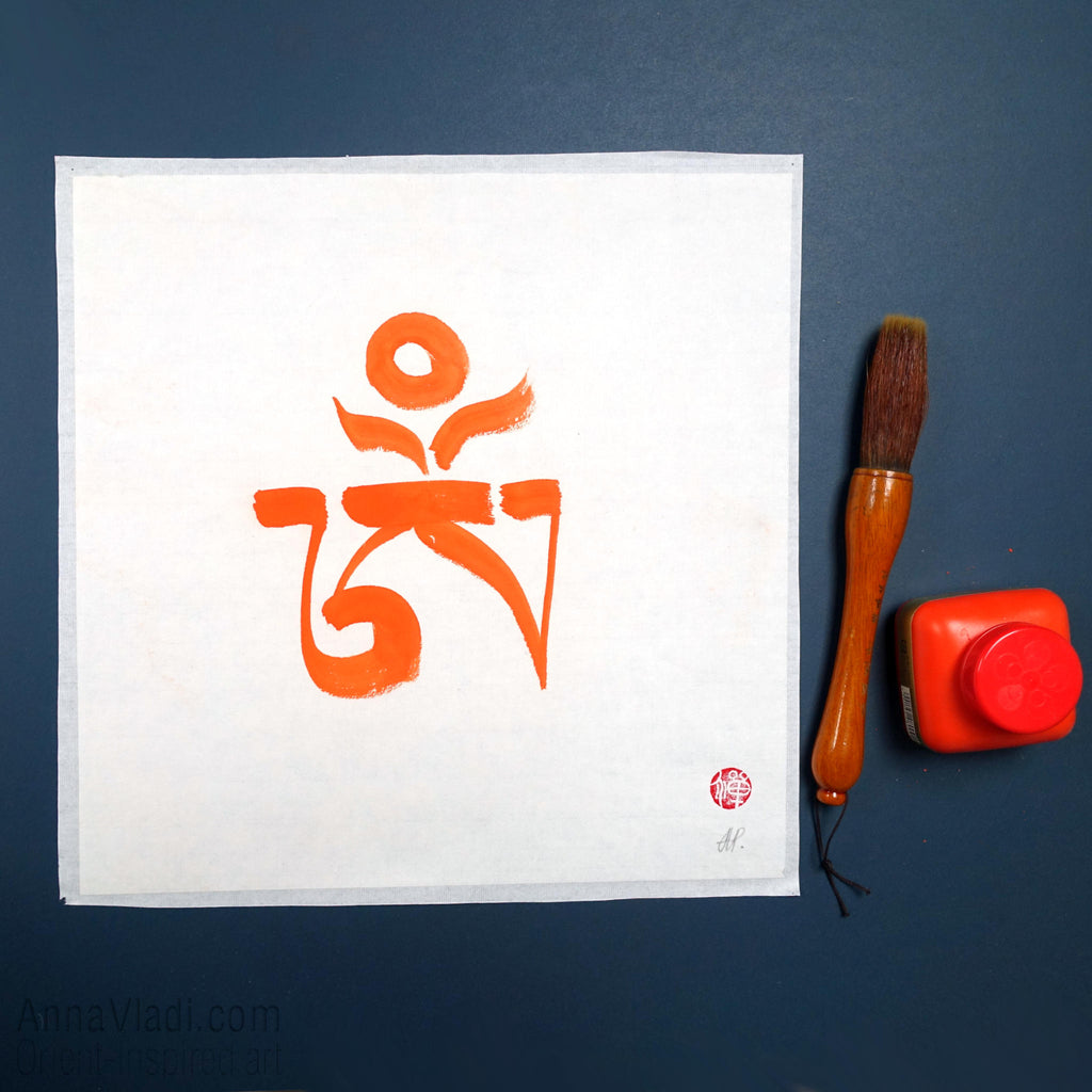 Tibetan Om Calligraphy Art: Vermilion Ink Feng Shui Painting