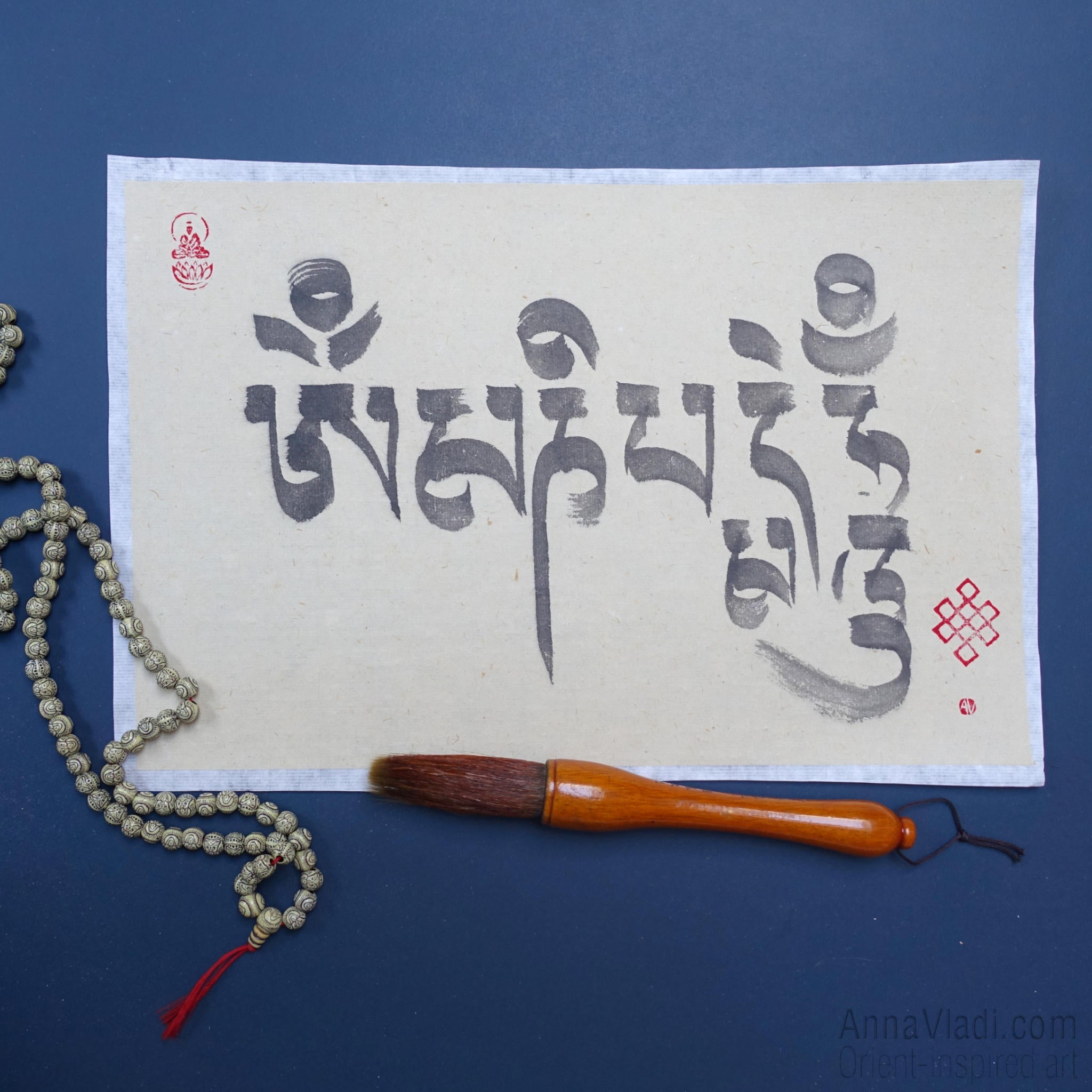 Om Mani Padme Hum Mantra - Tibetan Brush Calligraphy on Vintage Rice Paper