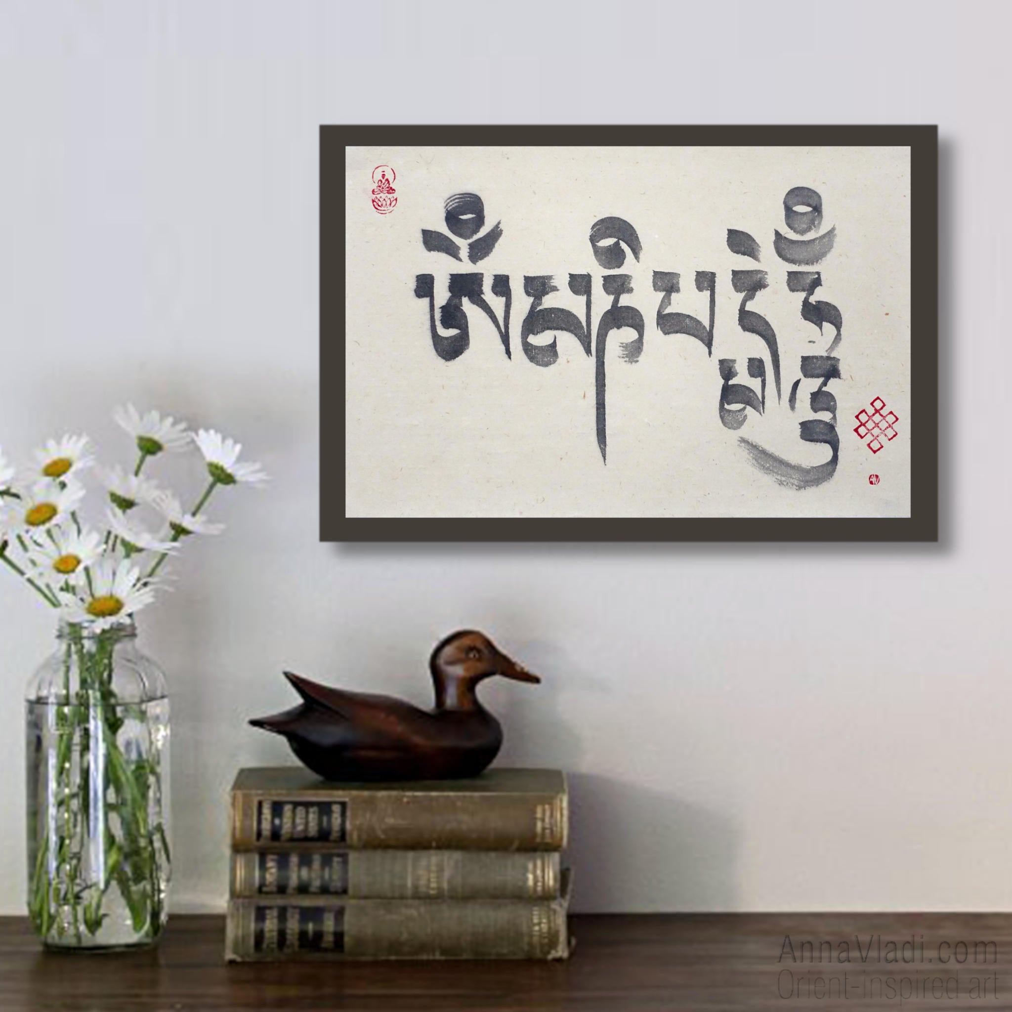 Om Mani Padme Hum Mantra - Tibetan Brush Calligraphy on Vintage Rice Paper