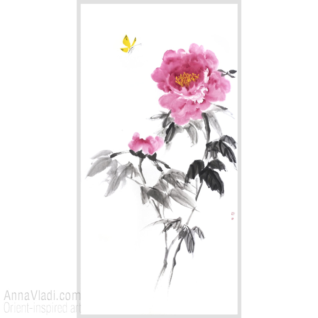 Butterfly and Peony Flower — original painting in Oriental style