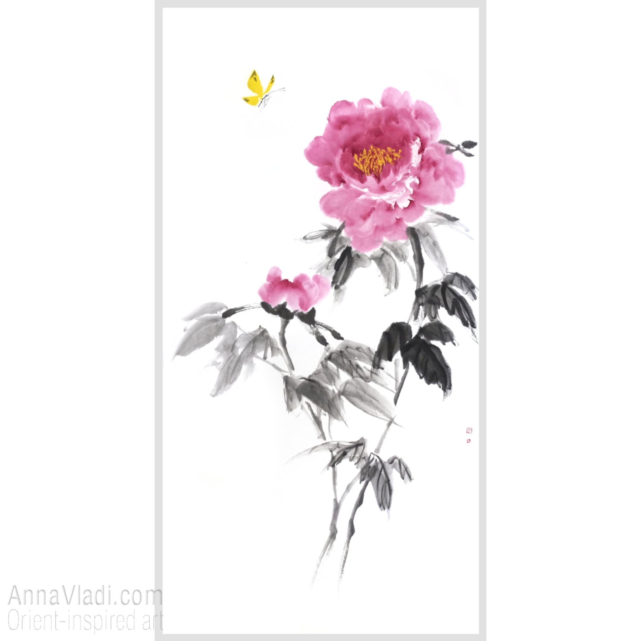 Butterfly and Peony Flower — original painting in Oriental style