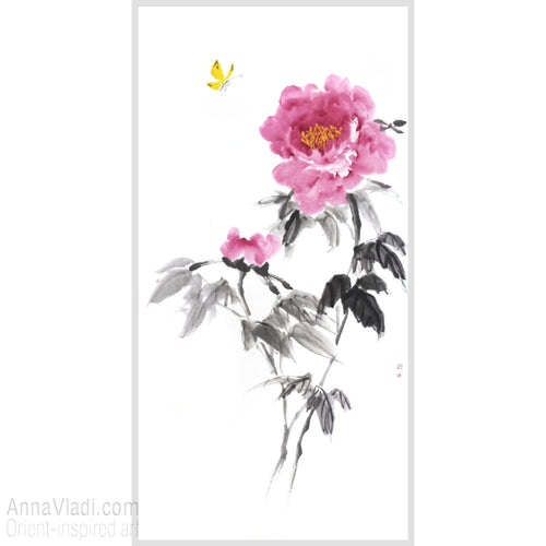 Butterfly and Peony Flower — original painting in Oriental style