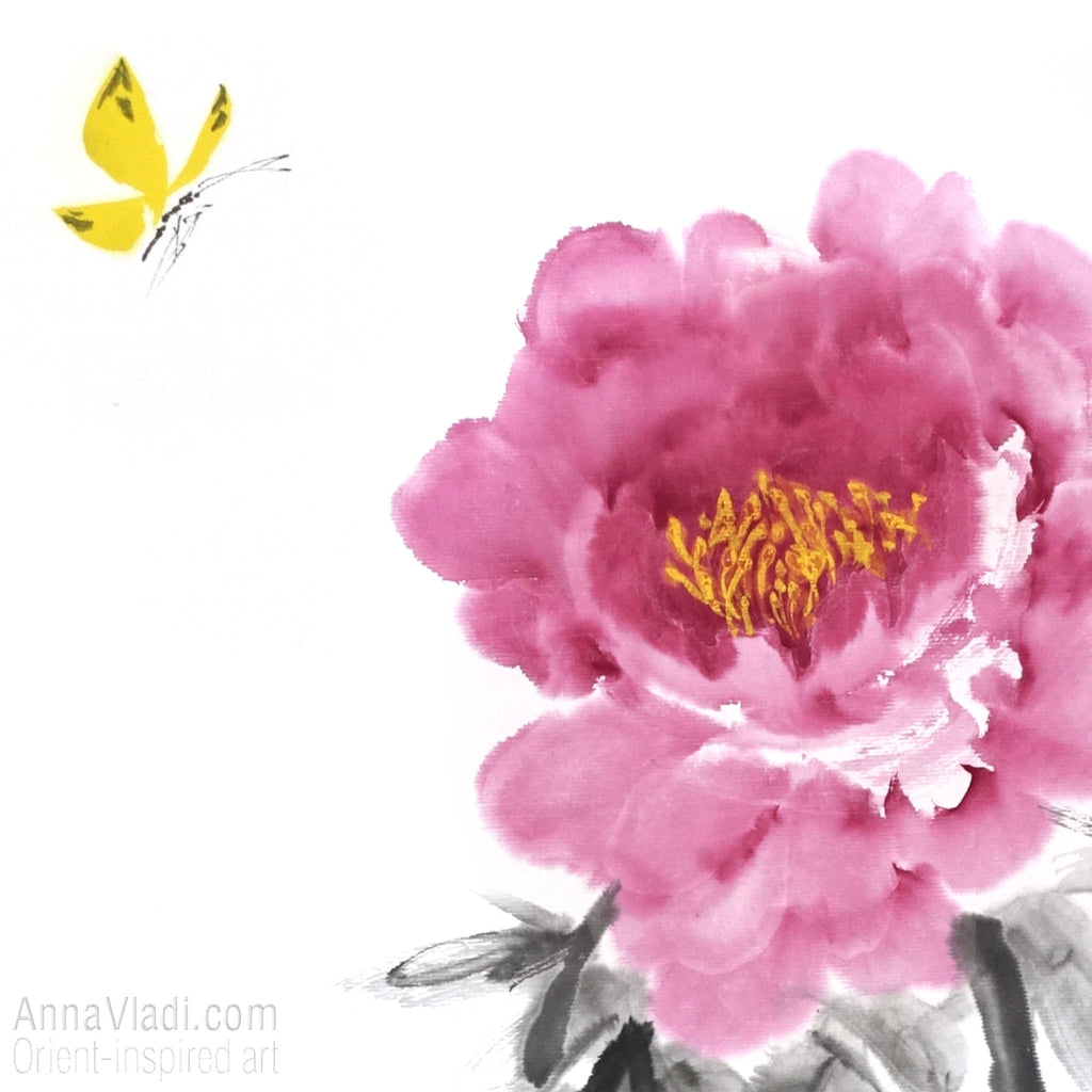 Butterfly and Peony Flower — original painting in Oriental style