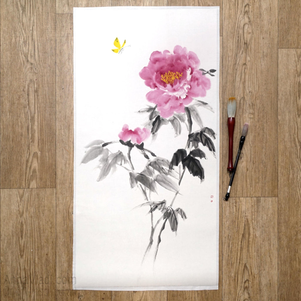Butterfly and Peony Flower — original painting in Oriental style