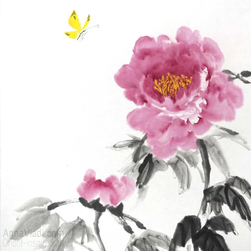 Butterfly and Peony Flower — original painting in Oriental style