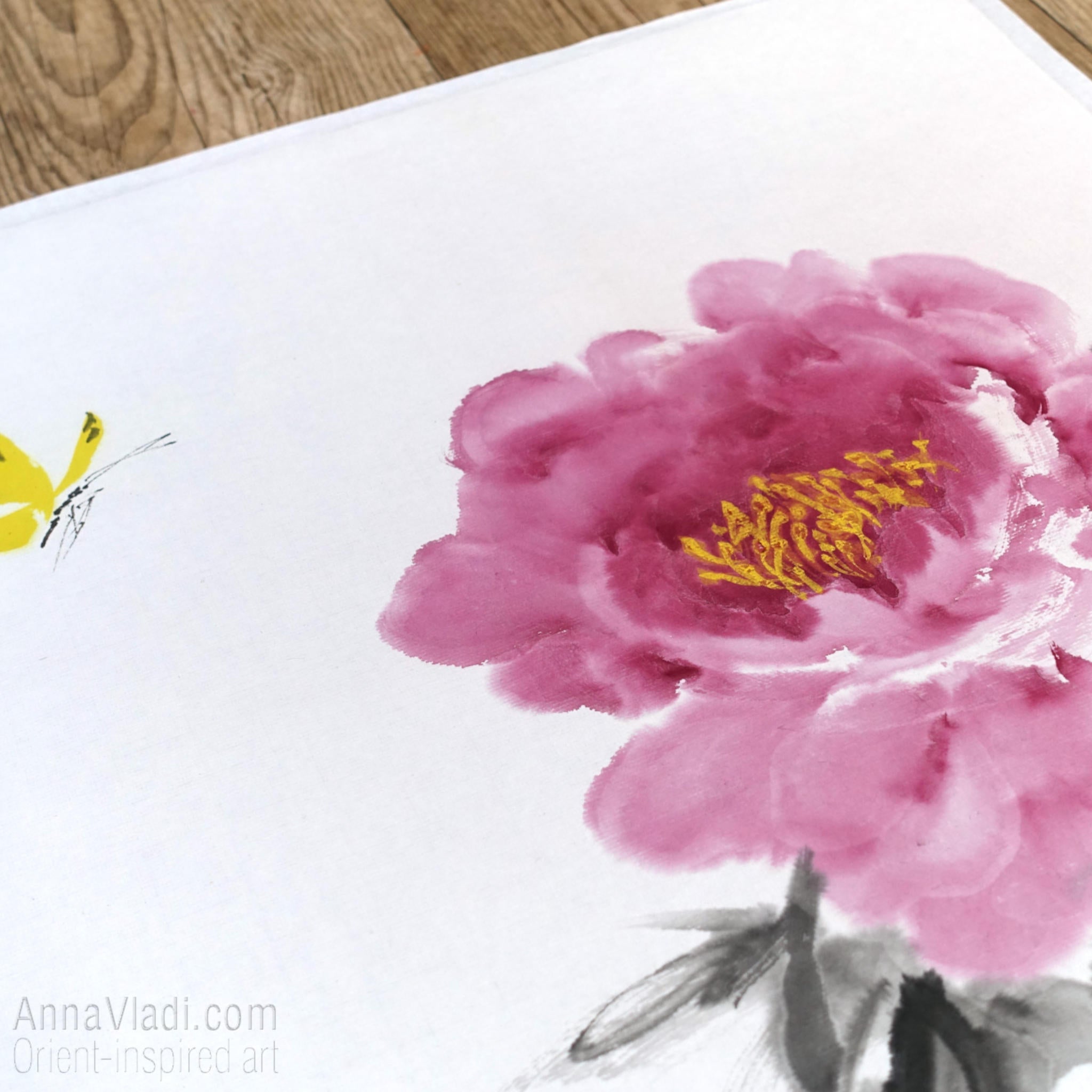 Butterfly and Peony Flower — original painting in Oriental style