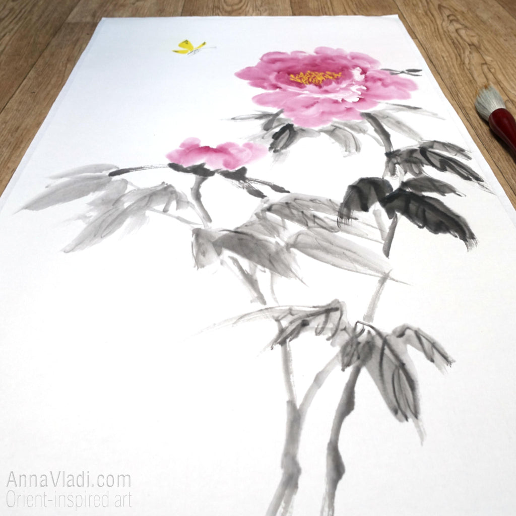 Butterfly and Peony Flower — original painting in Oriental style