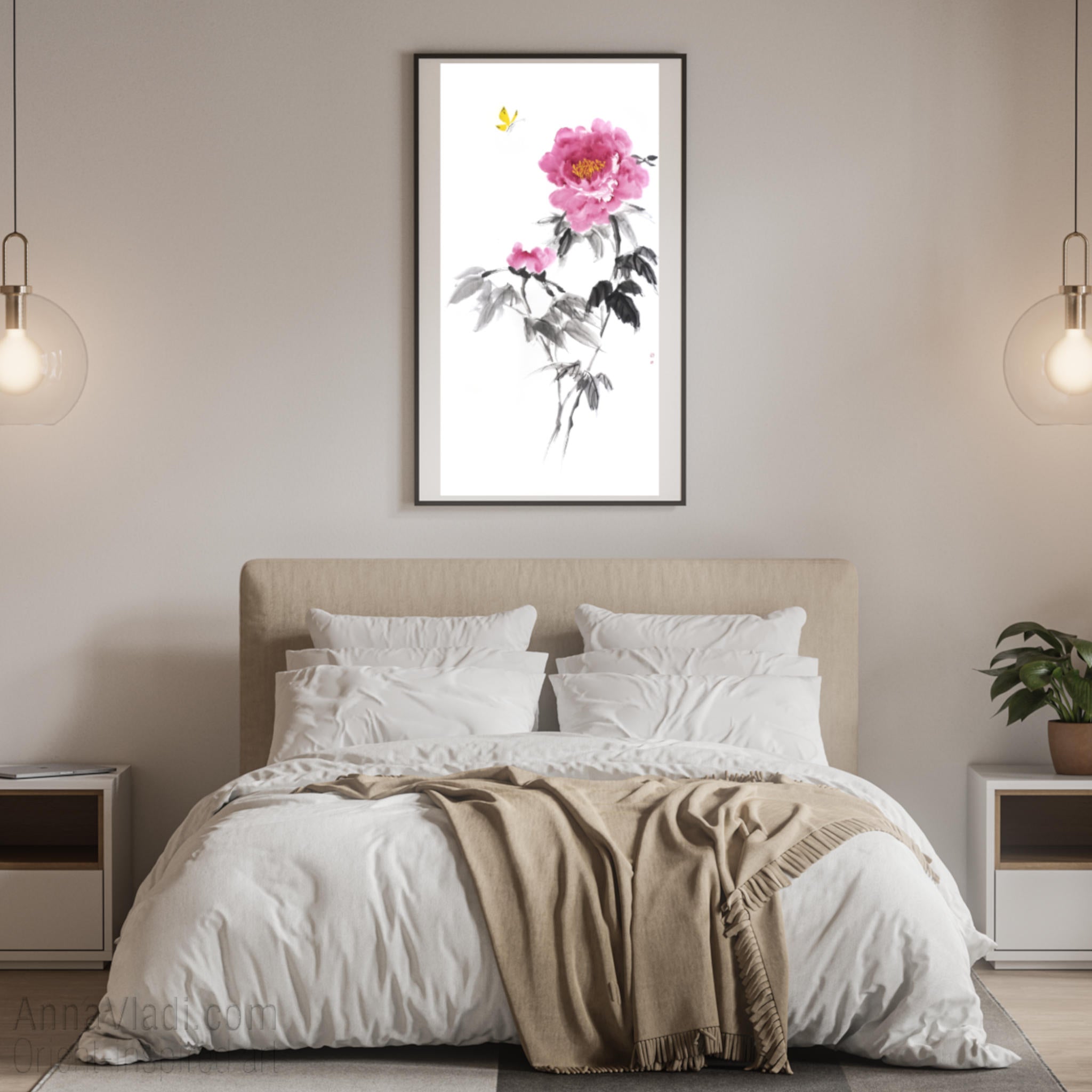 Butterfly and Peony Flower — original painting in Oriental style