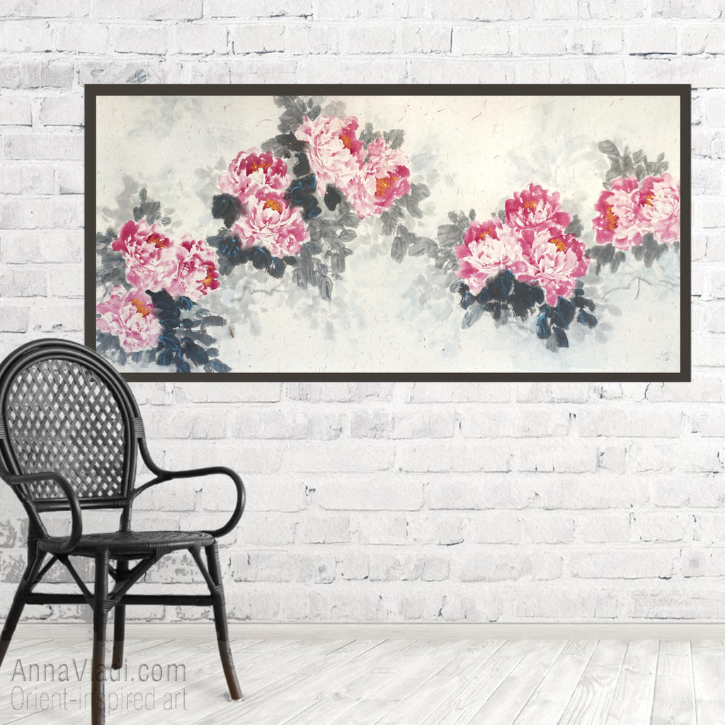 Large Peony Painting: Oriental Inkwash Art on Rice Paper