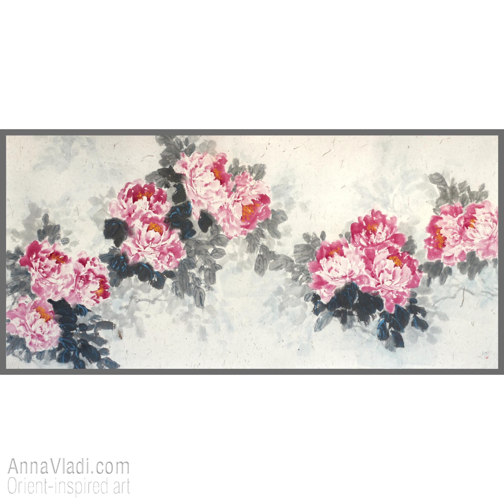 Large Peony Painting: Oriental Inkwash Art on Rice Paper