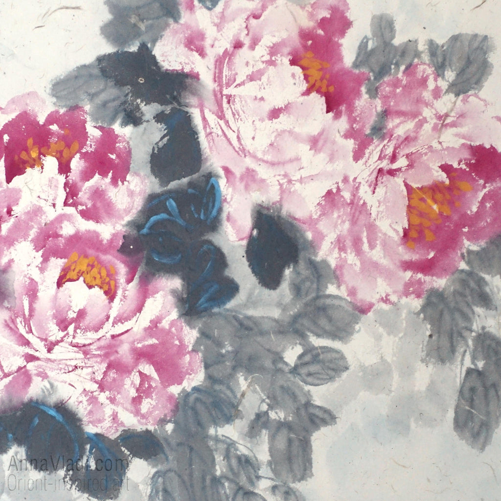 Large Peony Painting: Oriental Inkwash Art on Rice Paper