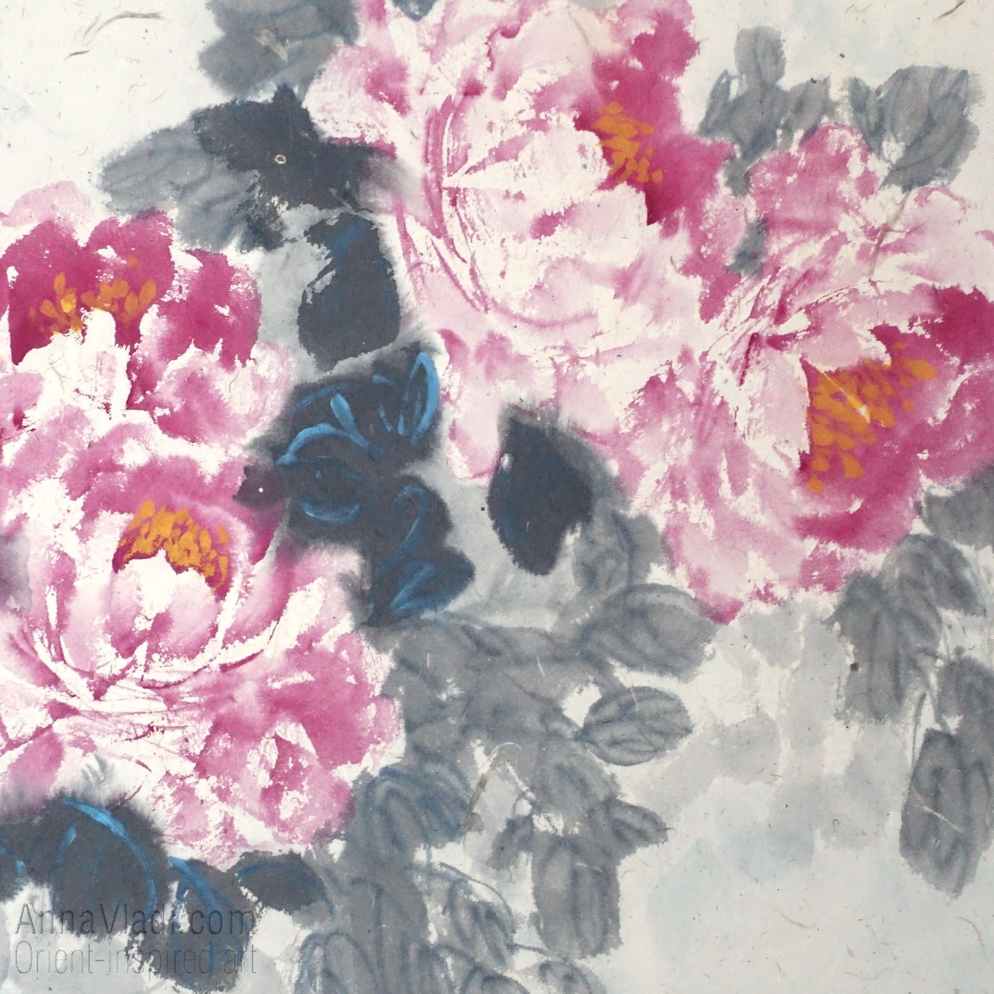 Large Peony Painting: Oriental Inkwash Art on Rice Paper