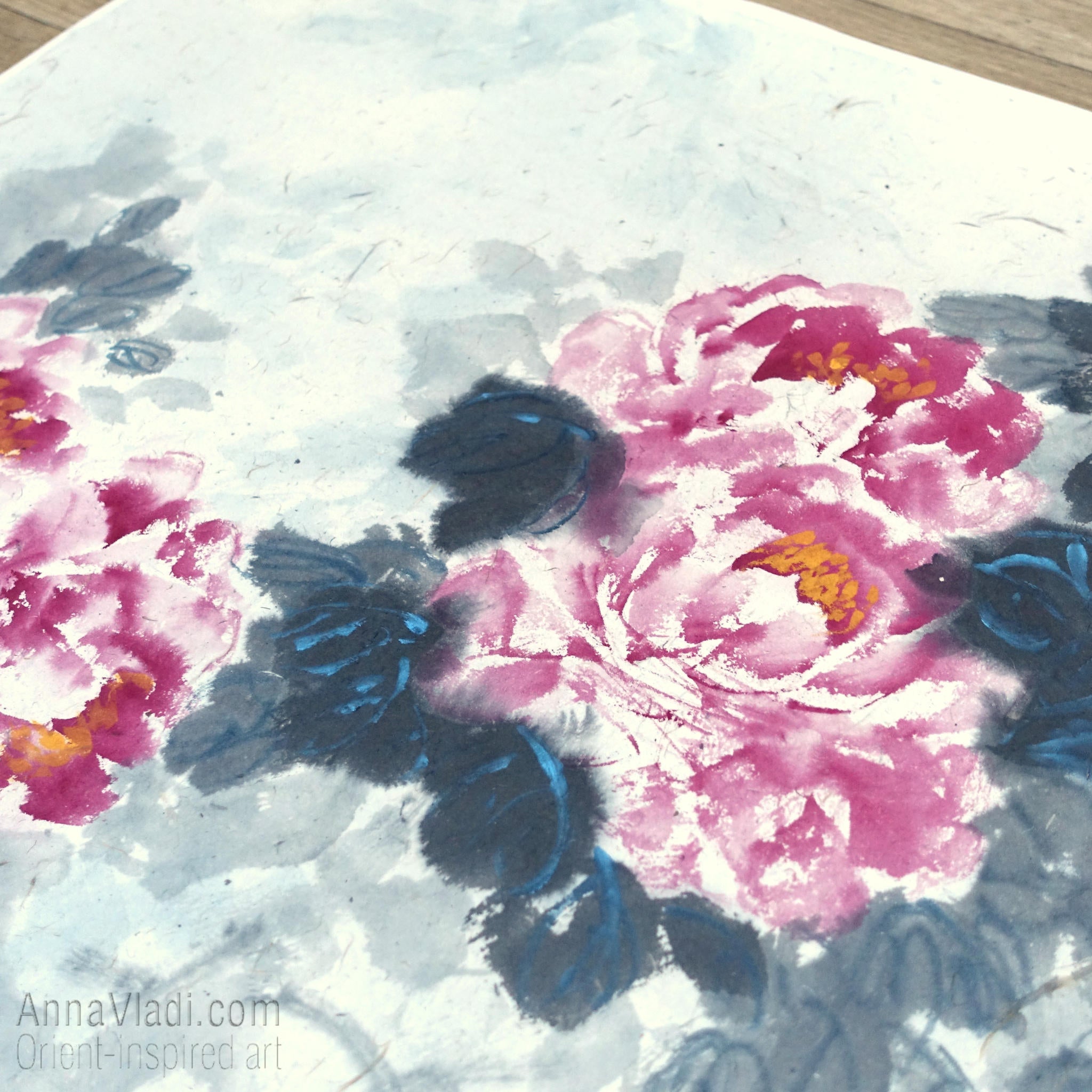 Large Peony Painting: Oriental Inkwash Art on Rice Paper