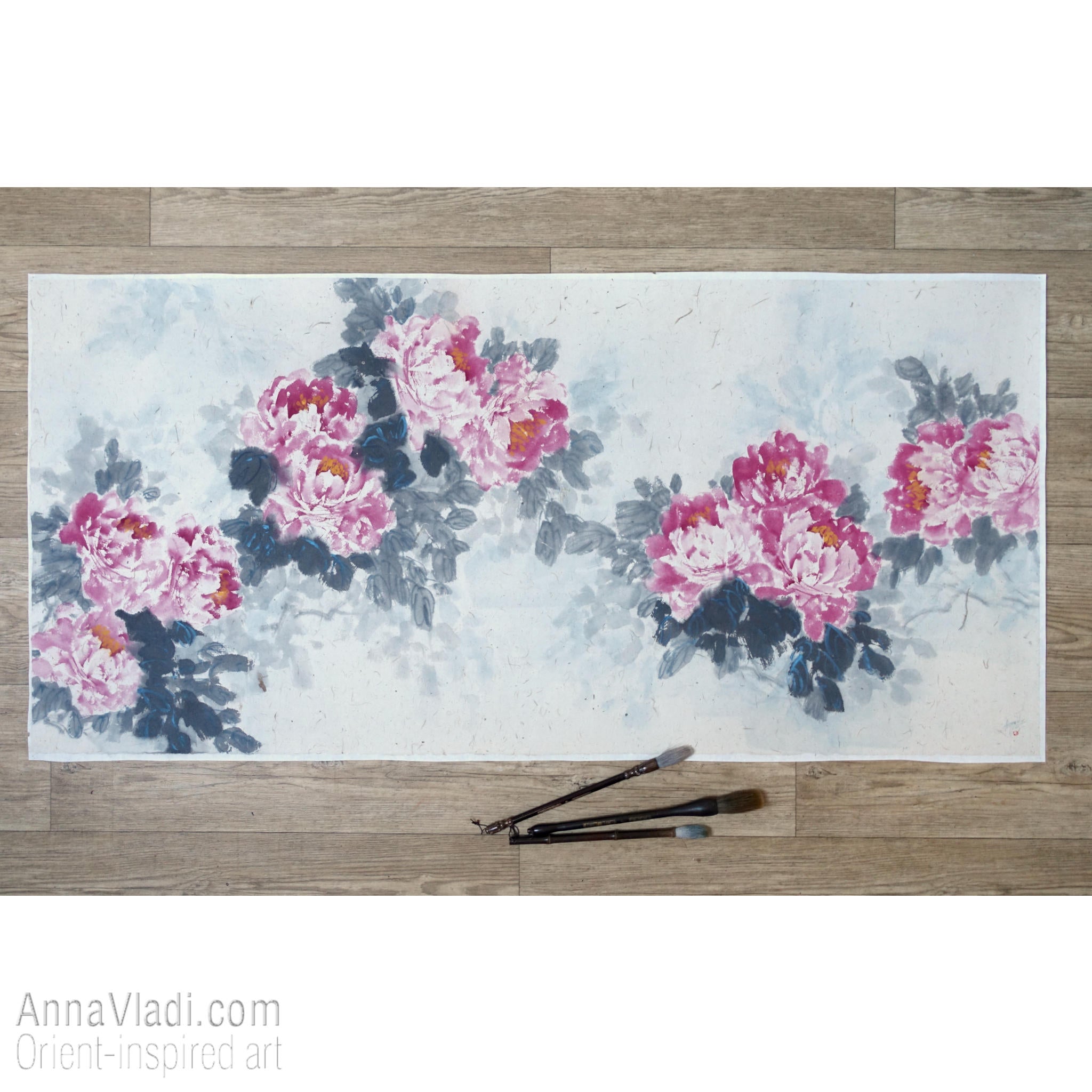 Large Peony Painting: Oriental Inkwash Art on Rice Paper