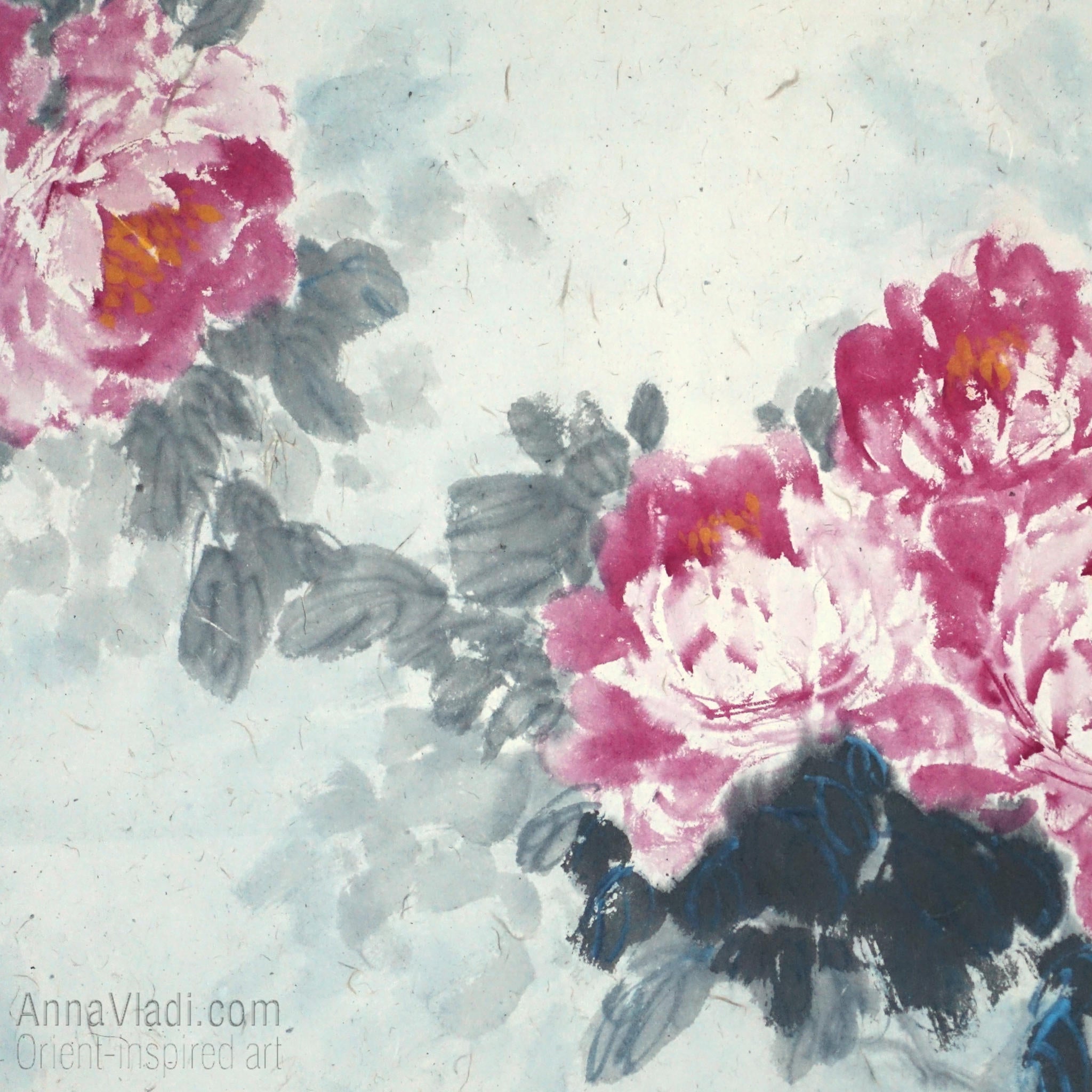 Large Peony Painting: Oriental Inkwash Art on Rice Paper