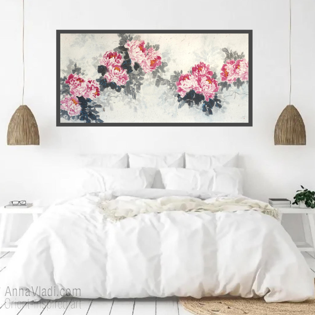 Large Peony Painting: Oriental Inkwash Art on Rice Paper