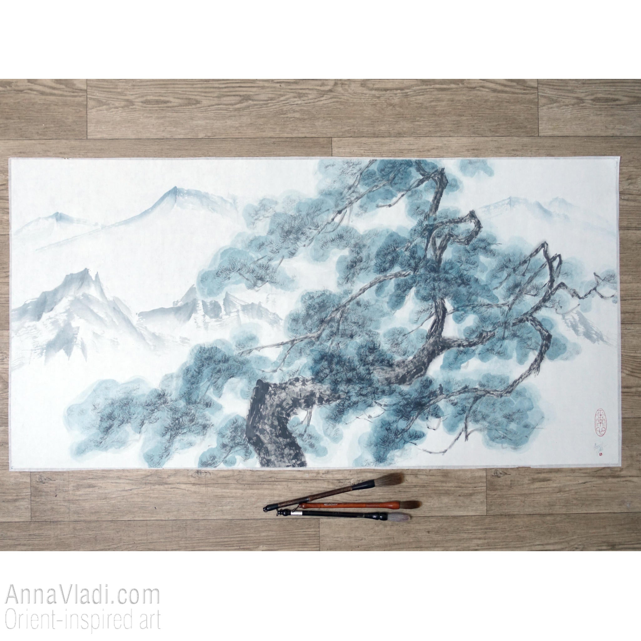 Old Pine Tree in Mountains — LARGE original sumi-e painting