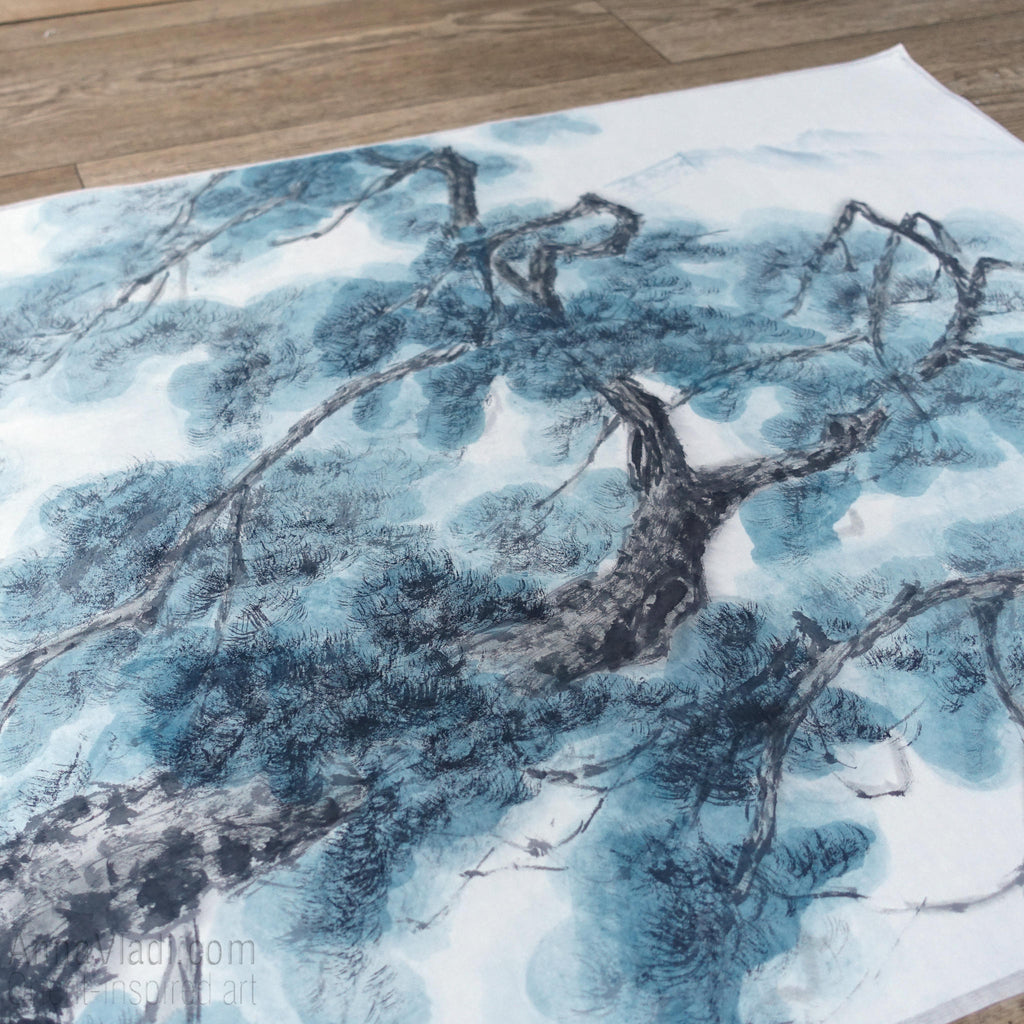 Old Pine Tree in Mountains — LARGE original sumi-e painting