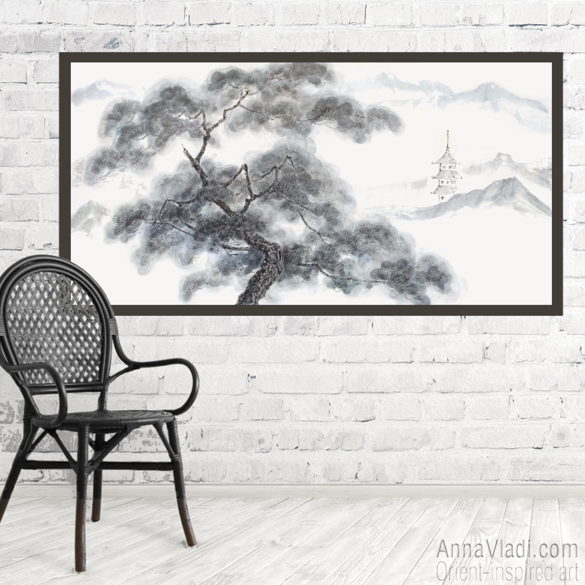 Japanese Landscape Painting: Pine Tree, Pagoda, Sumi-e Art