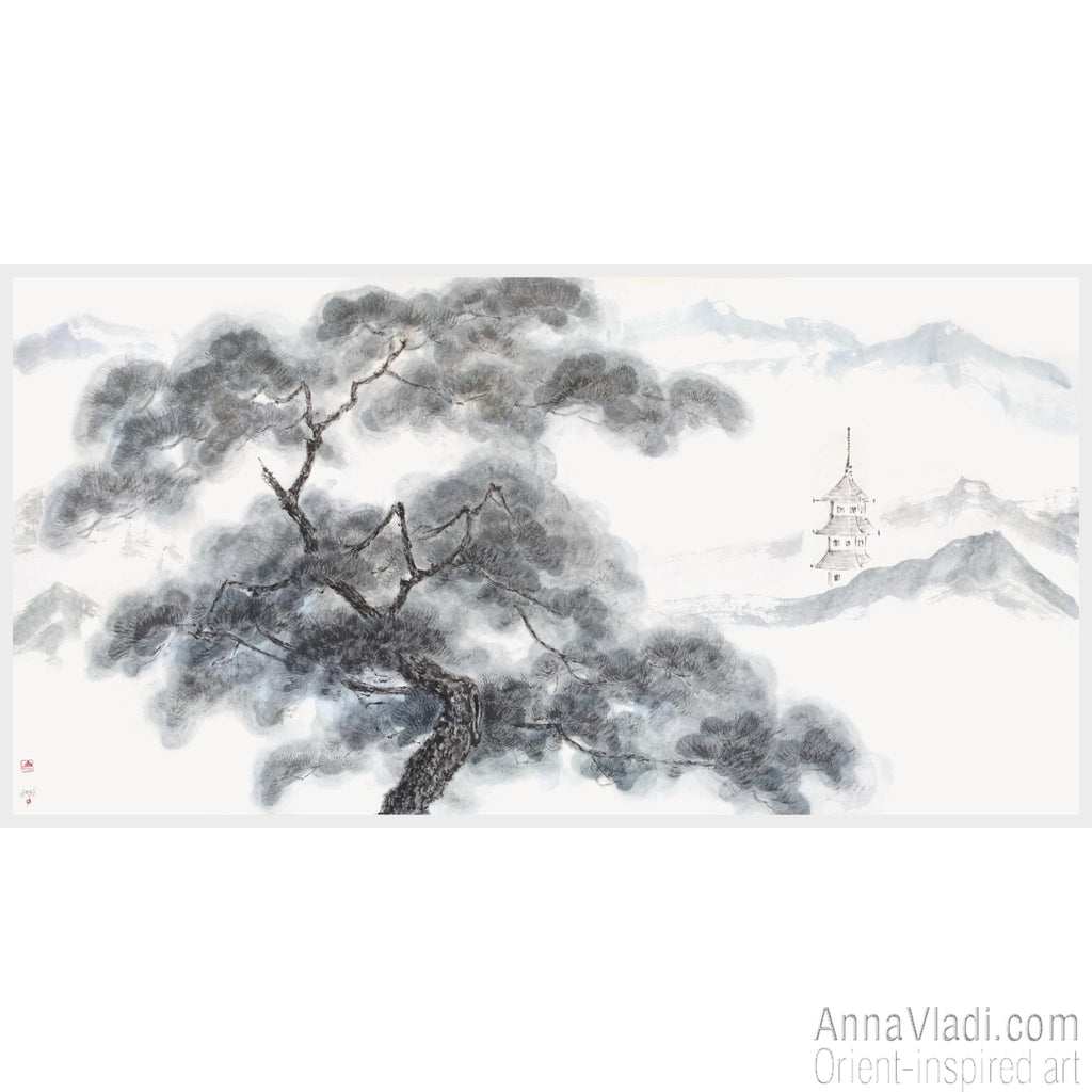 Japanese Landscape Painting: Pine Tree, Pagoda, Sumi-e Art