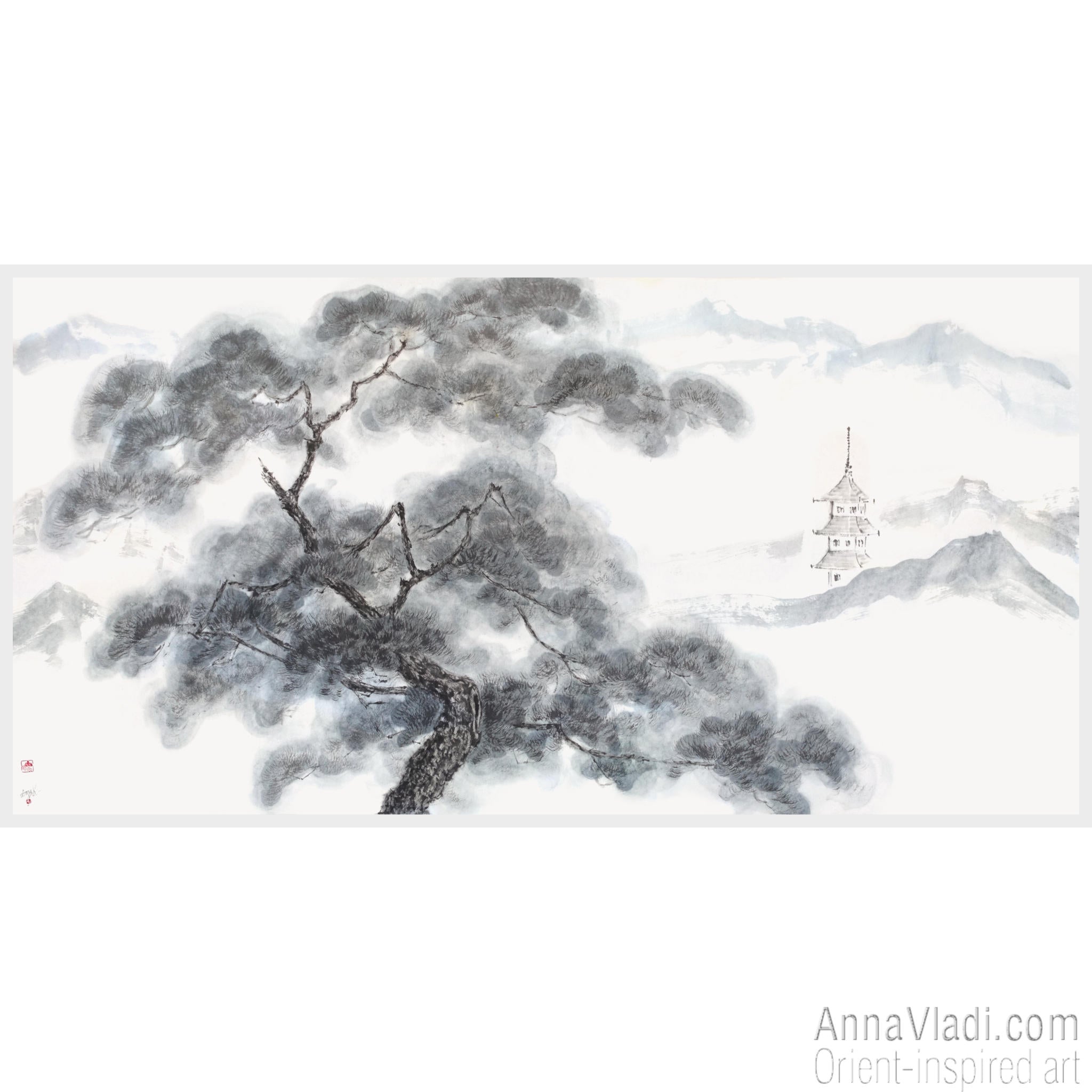 Japanese Landscape Painting: Pine Tree, Pagoda, Sumi-e Art