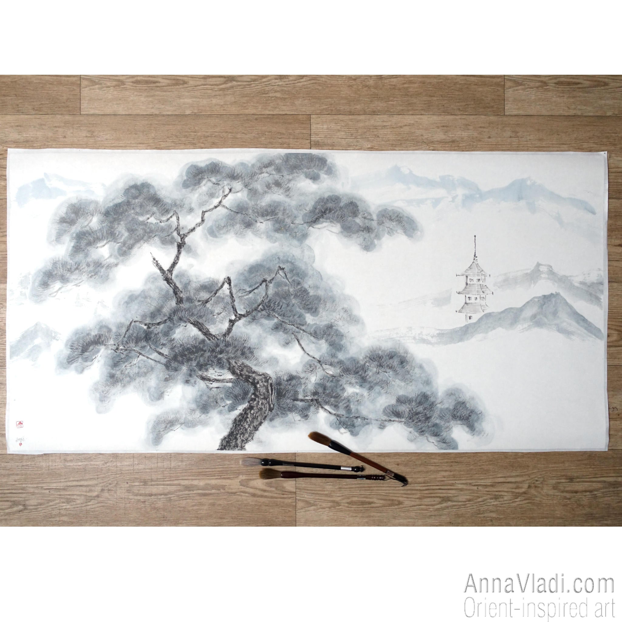 Japanese Landscape Painting: Pine Tree, Pagoda, Sumi-e Art